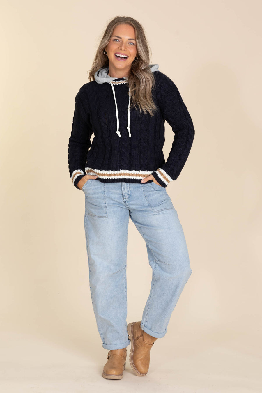 Navy Cable Knit Sweater With Knit Hood