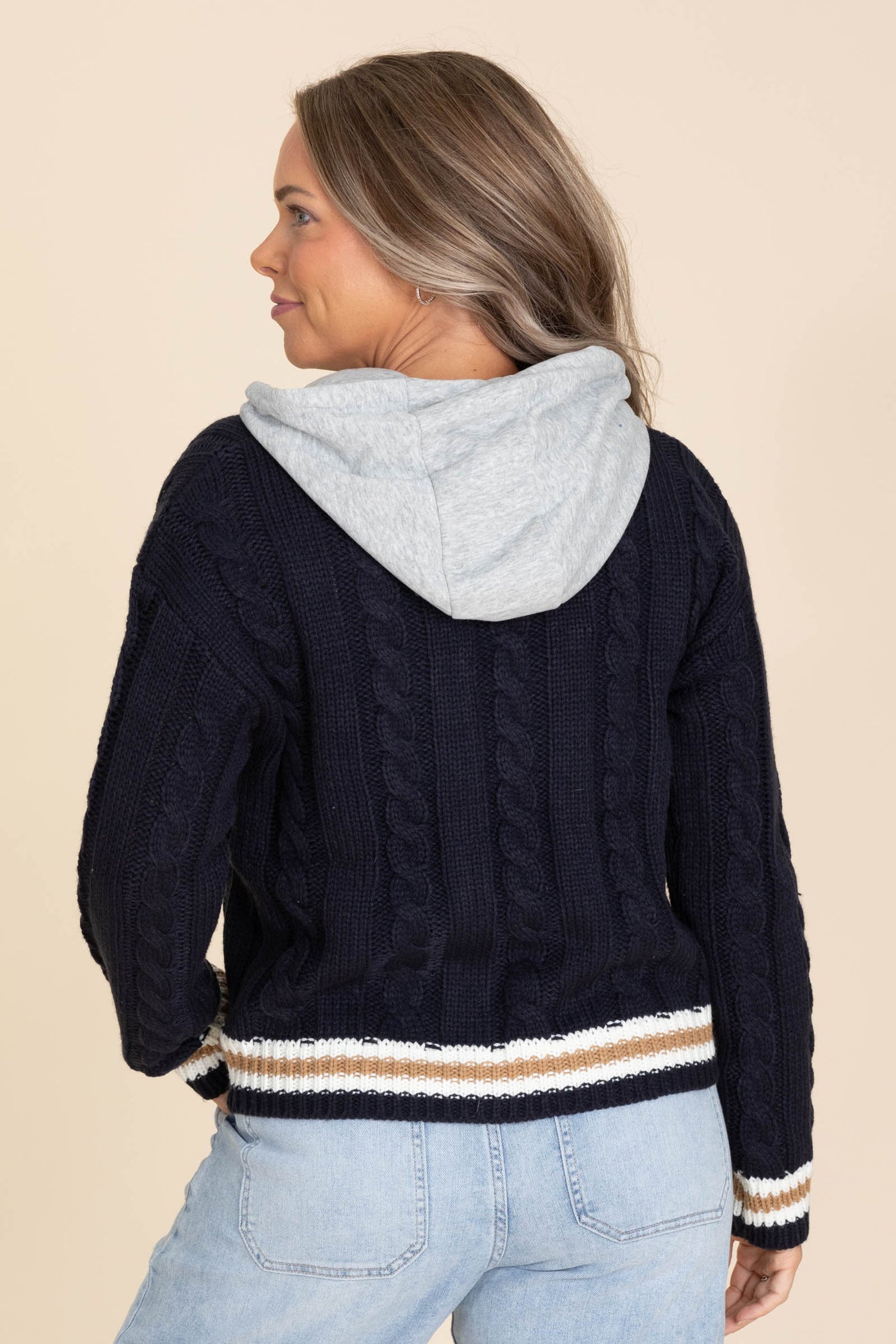 Navy Cable Knit Sweater With Knit Hood