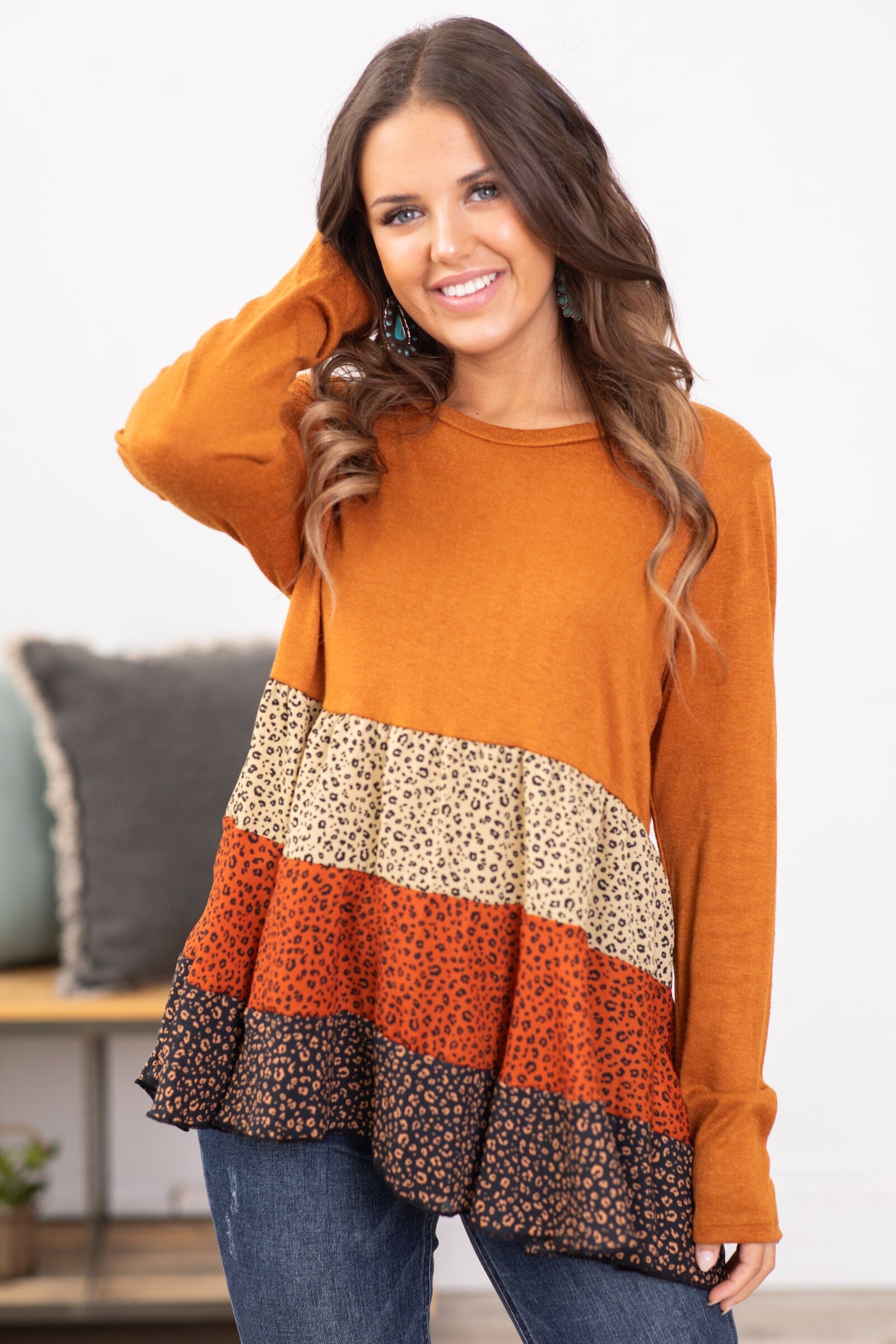 Rust Babydoll Top With Colorblock Animal Print - Filly Flair