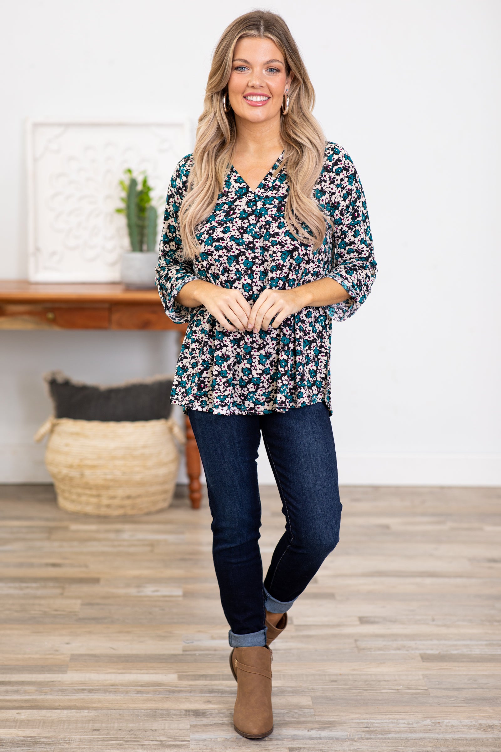 Teal and Berry Floral Print Notch Neck Top