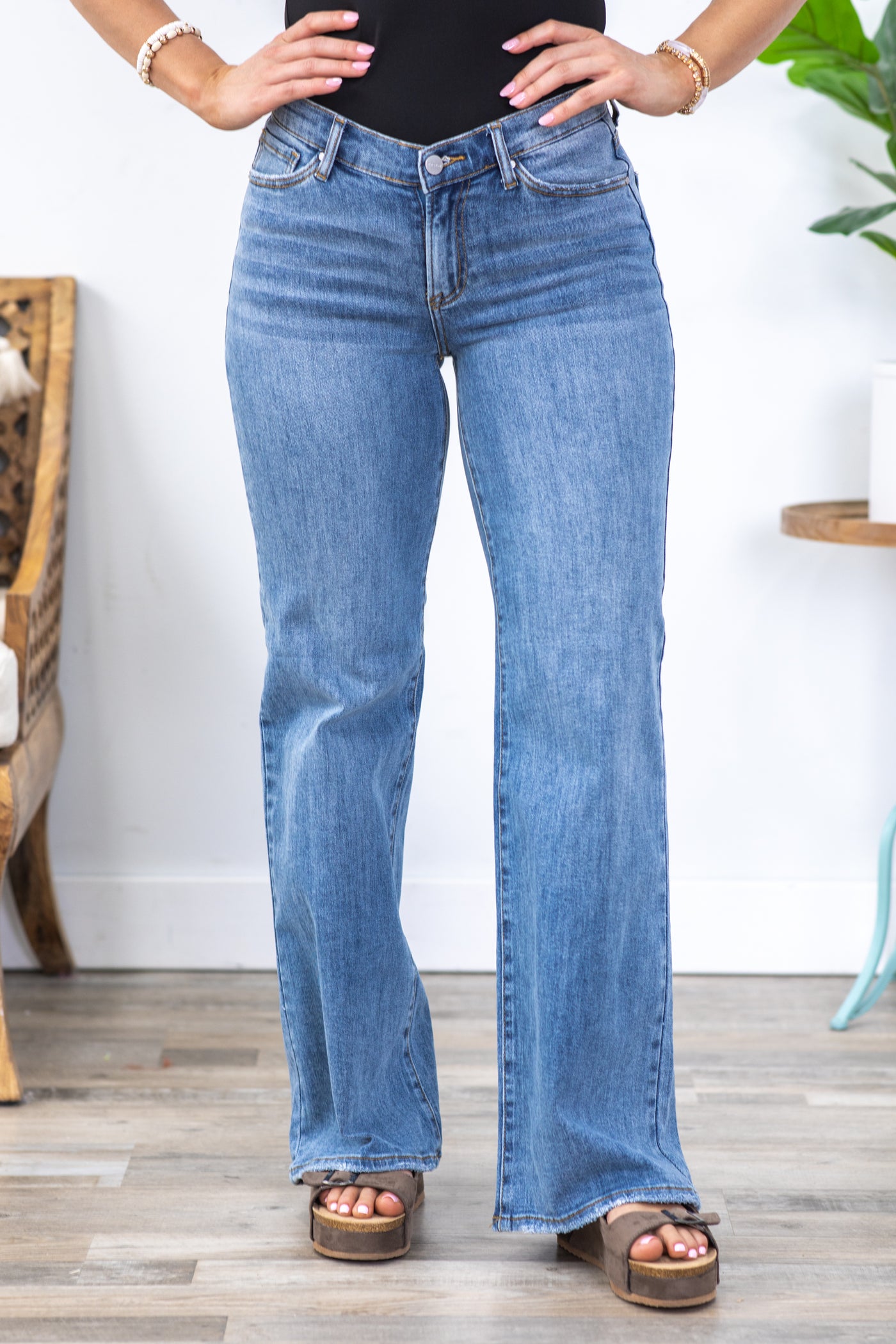 Risen Medium Wash Dipped V Wide Leg Jeans