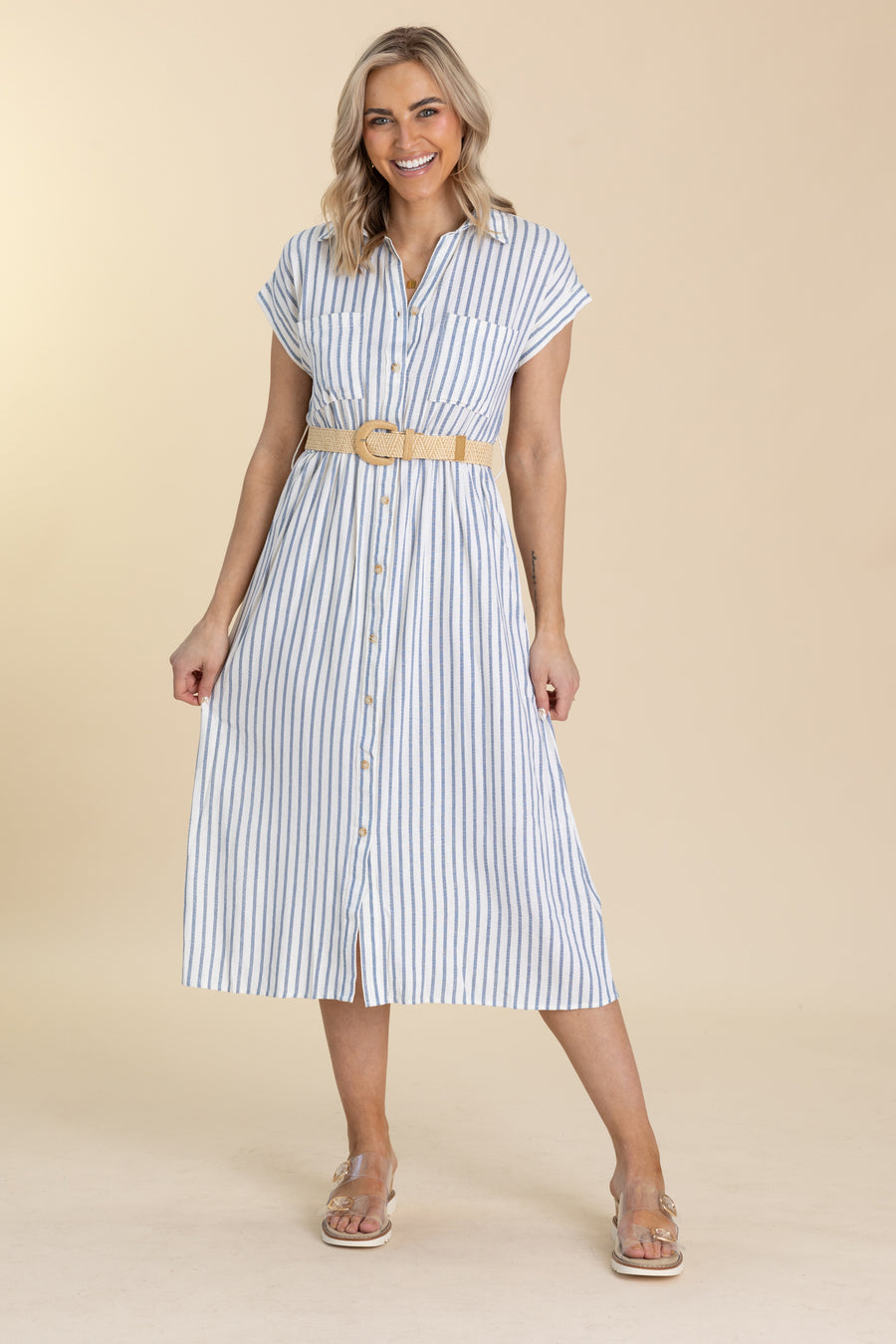 Dusty Blue Stripe Button Down Bell Midi Dress