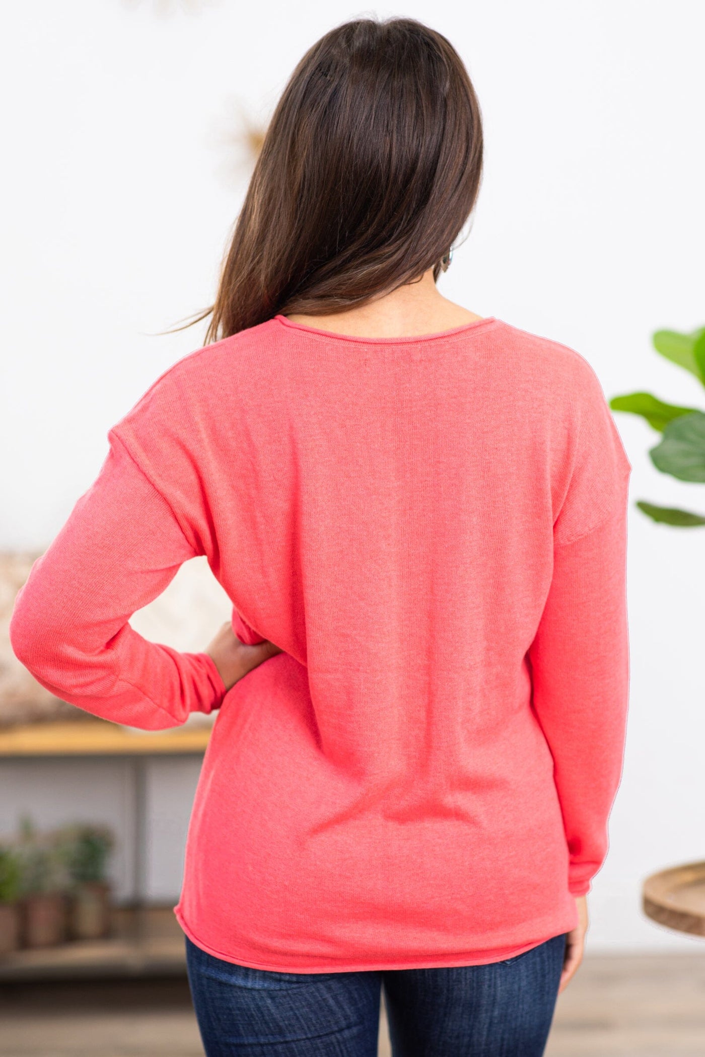 Coral V-Neck Raw Edge Sweater - Filly Flair