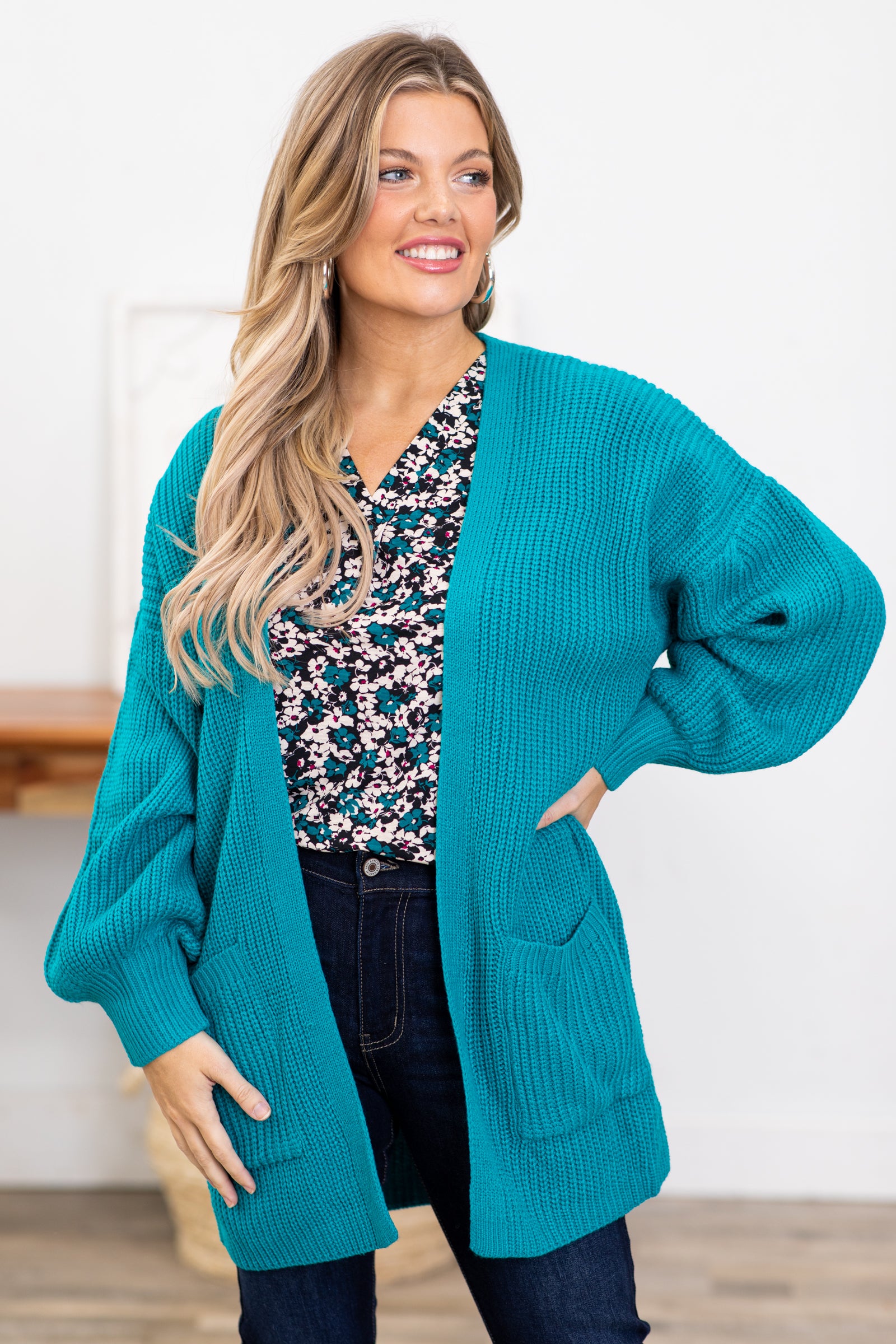 Teal and Berry Floral Print Notch Neck Top