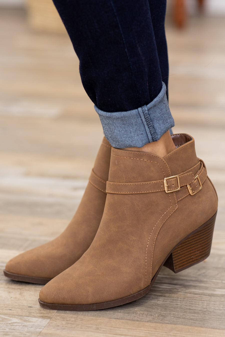 Tan Point Toe Booties With Ankle Detail