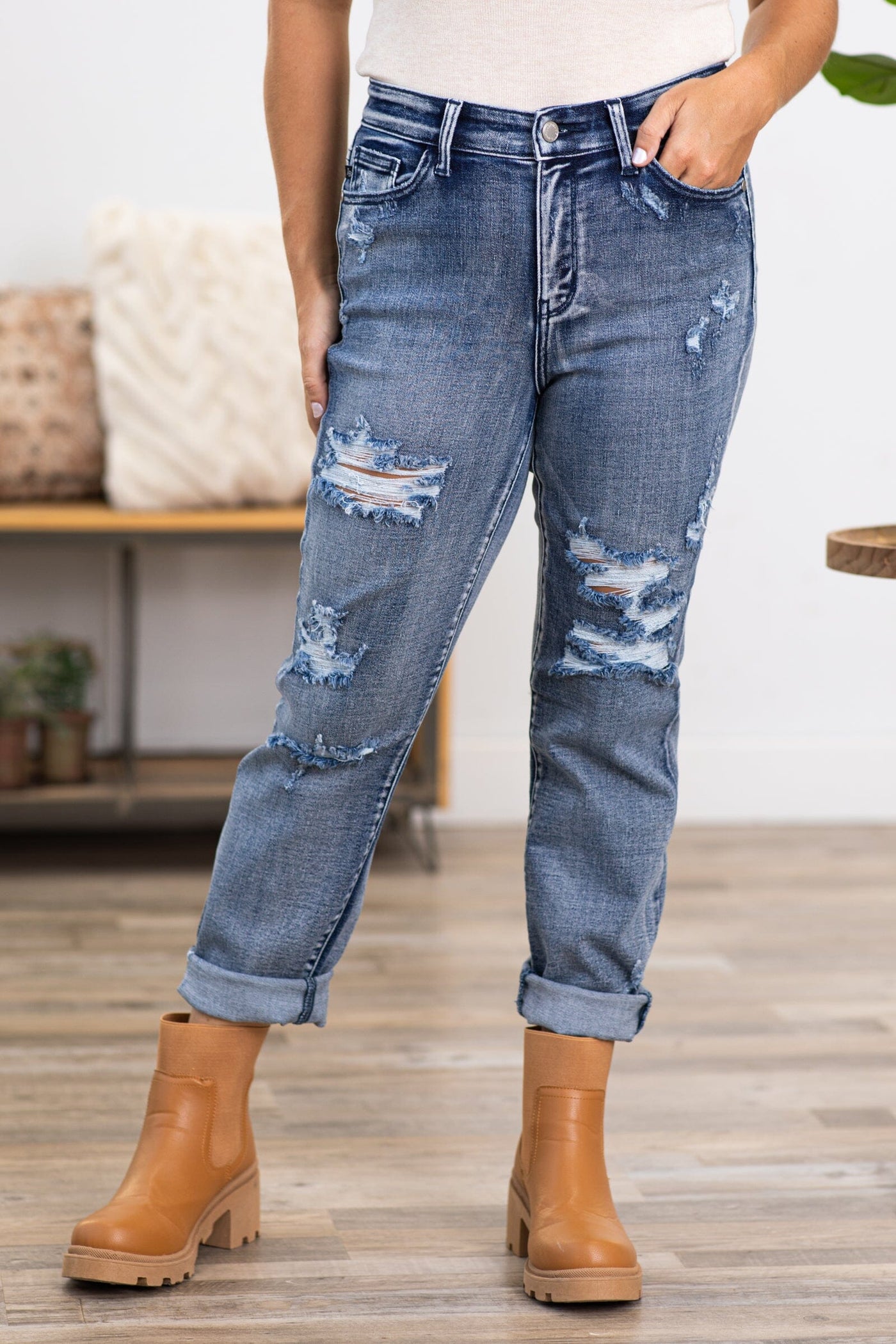 Judy Blue Mid Rise Distressed Boyfriend Jeans - Filly Flair