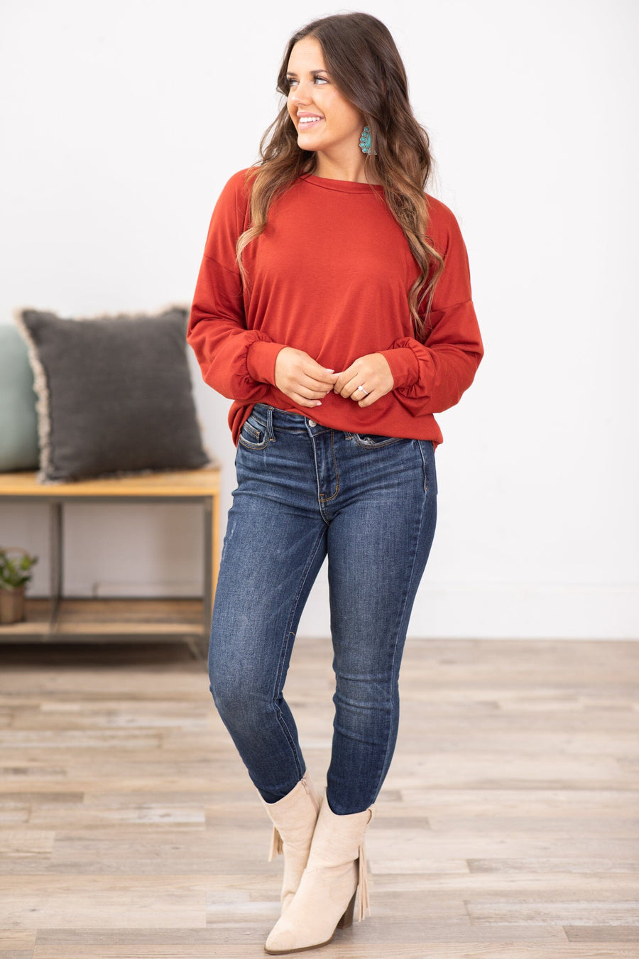 Cranberry Crew Neck Long Sleeve Top - Filly Flair