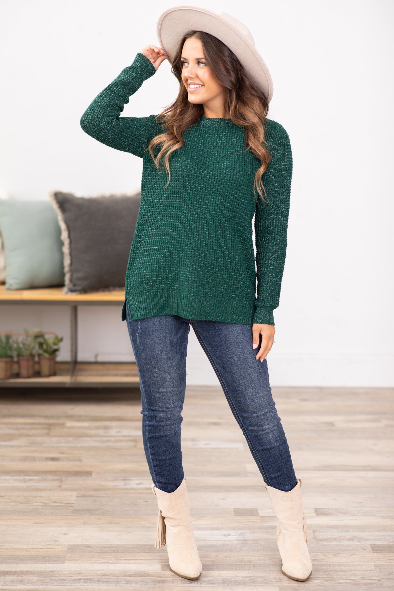 Emerald Green Waffle Knit Round Neck Sweater - Filly Flair