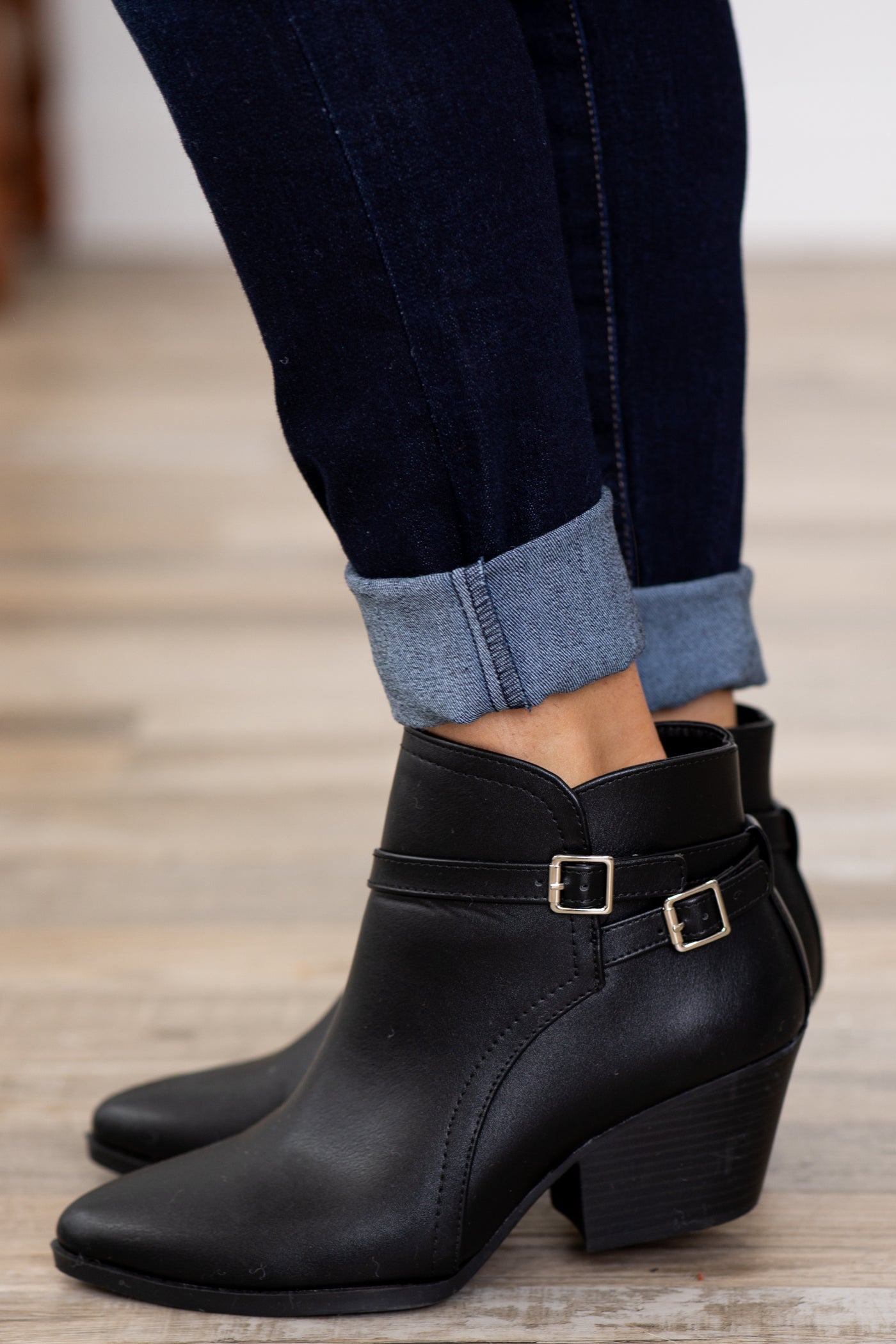 Black Point Toe Booties With Ankle Detail
