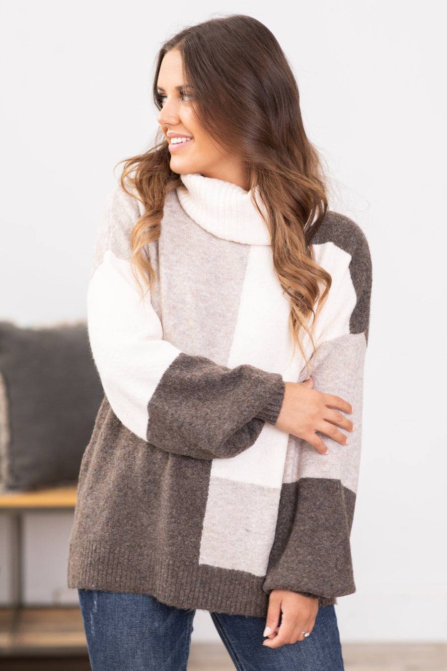 Brown and Mocha Cowl Neck Sweater - Filly Flair