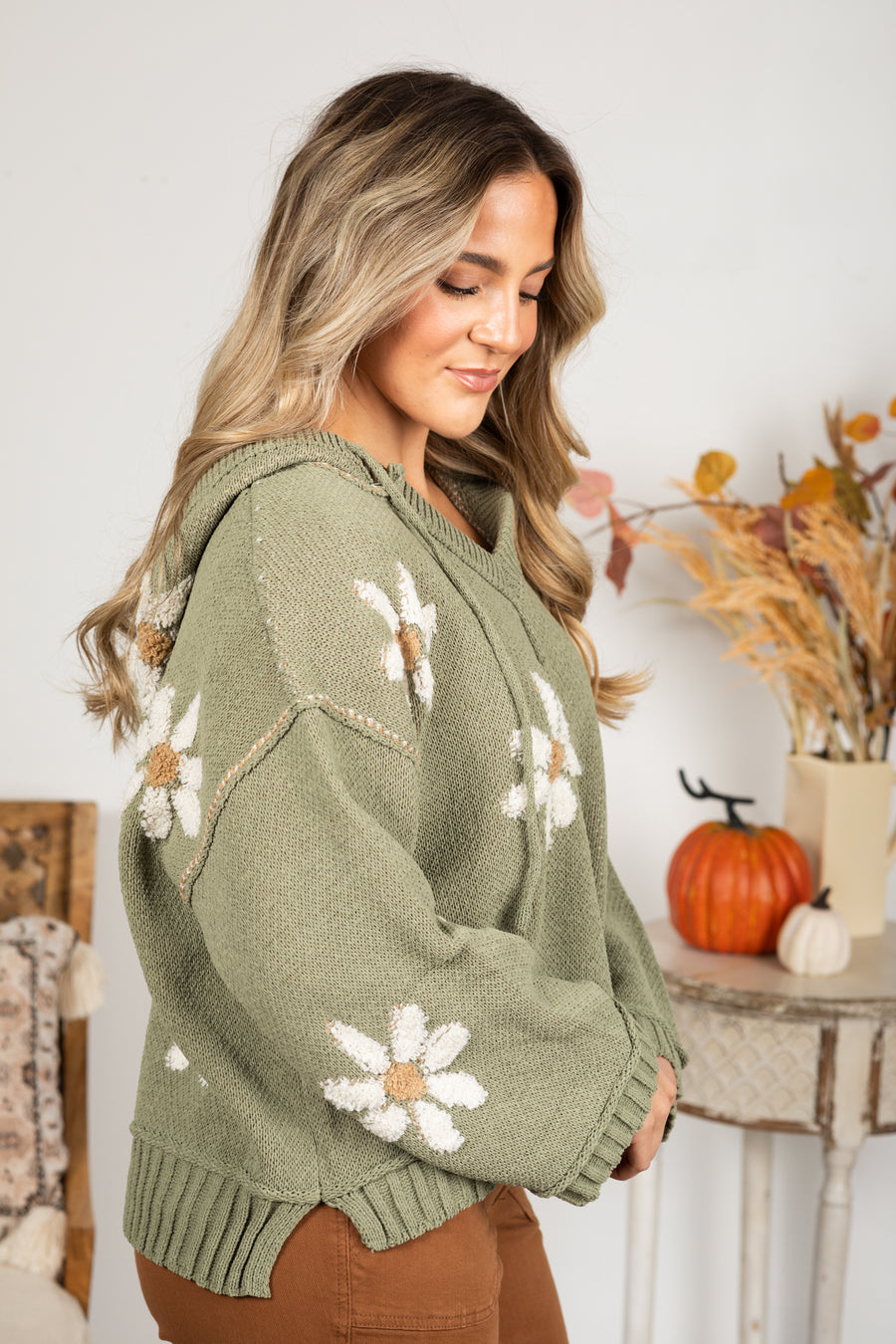 Hooded V-Neck Floral Pattern Sweater
