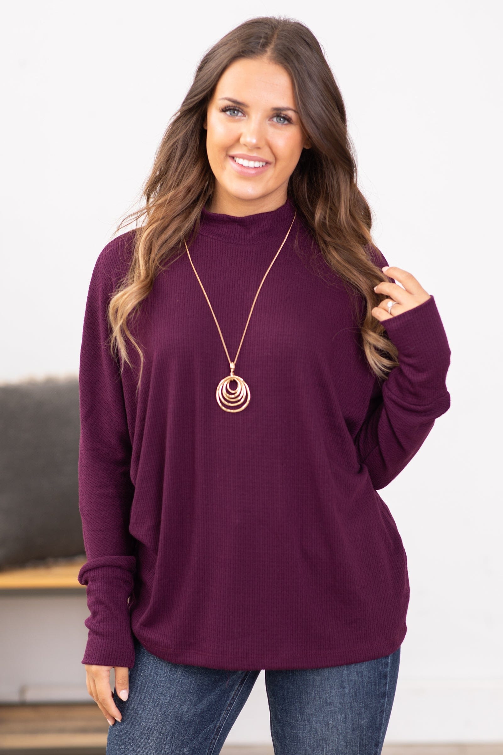 Dark Berry Mock Neck Textured Top - Filly Flair