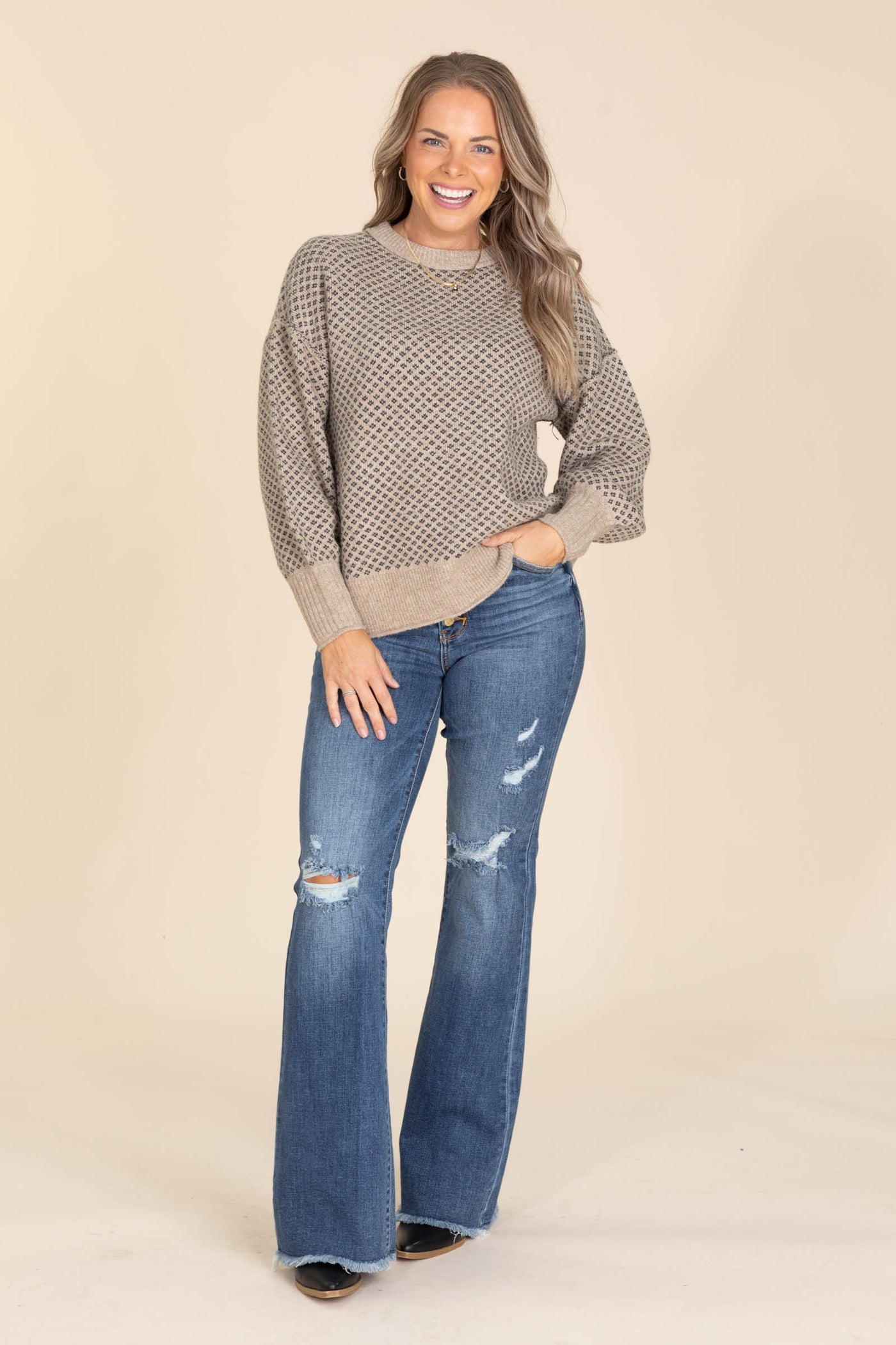 Taupe Mini Jacquard Crewneck Sweater