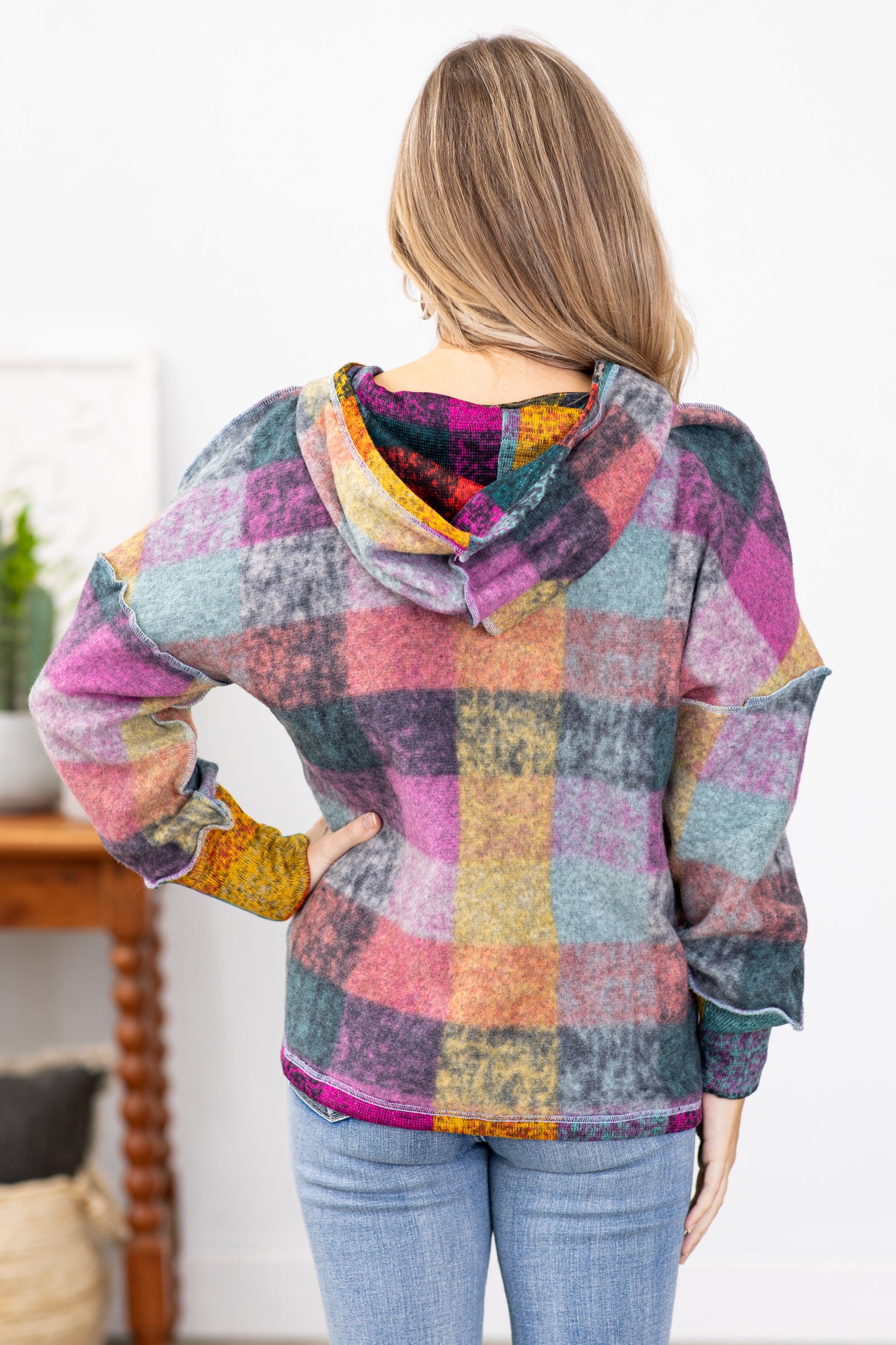Teal Multicolor Abstract Plaid Pullover
