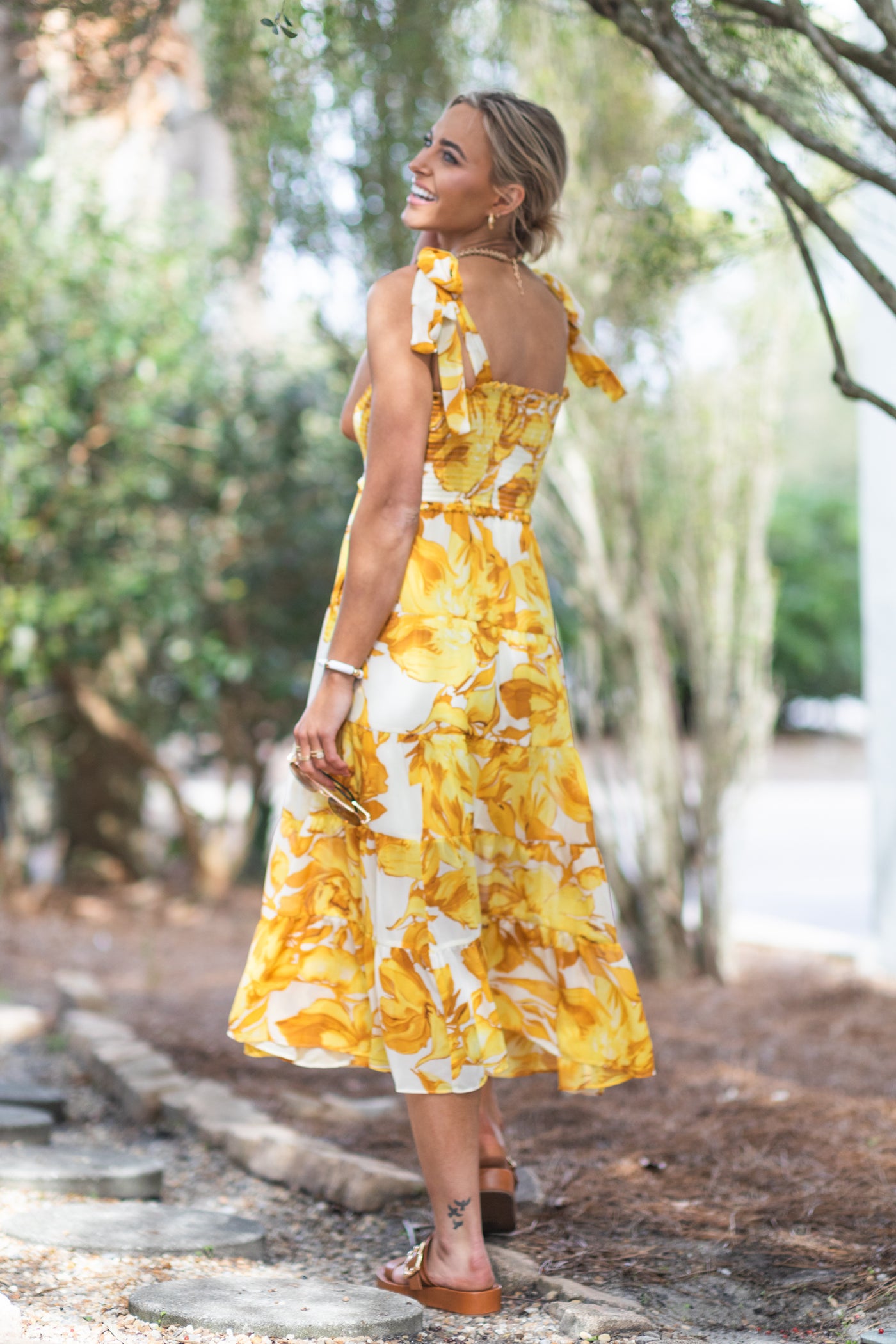 Yellow Floral Midi Dress With Tie Straps Filly Flair Yellow Floral Midi Dress With Tie Straps Filly Flair