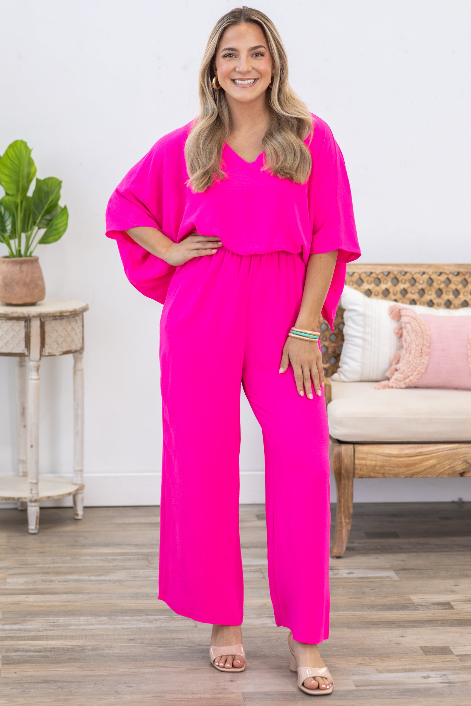 open lace back dress Hot Pink Solid Dolman Sleeve Woven Jumpsuit · Filly Flair