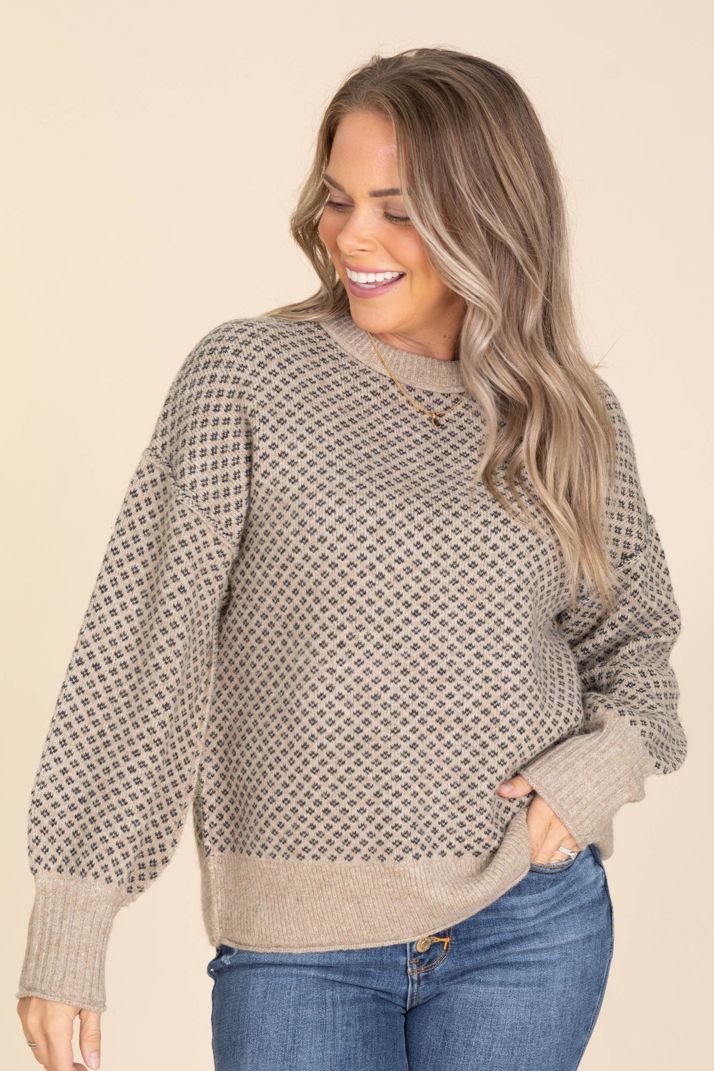 Taupe Mini Jacquard Crewneck Sweater