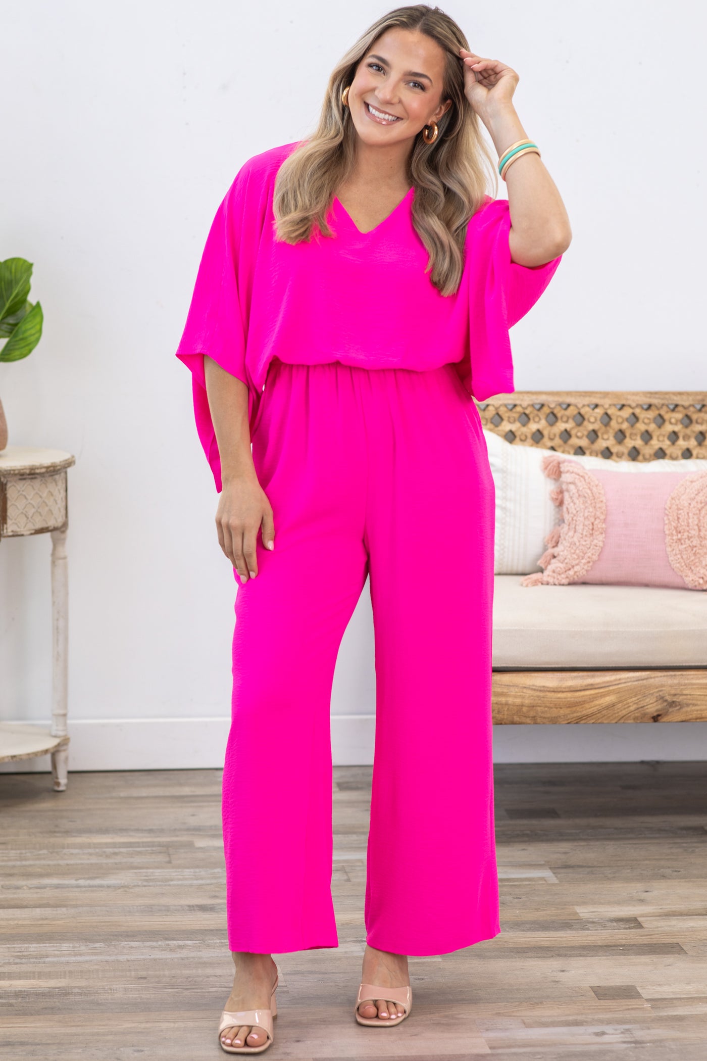Hot Pink Solid Dolman Sleeve Woven Jumpsuit - S Hot Pink Solid Dolman Sleeve Woven Jumpsuit - S