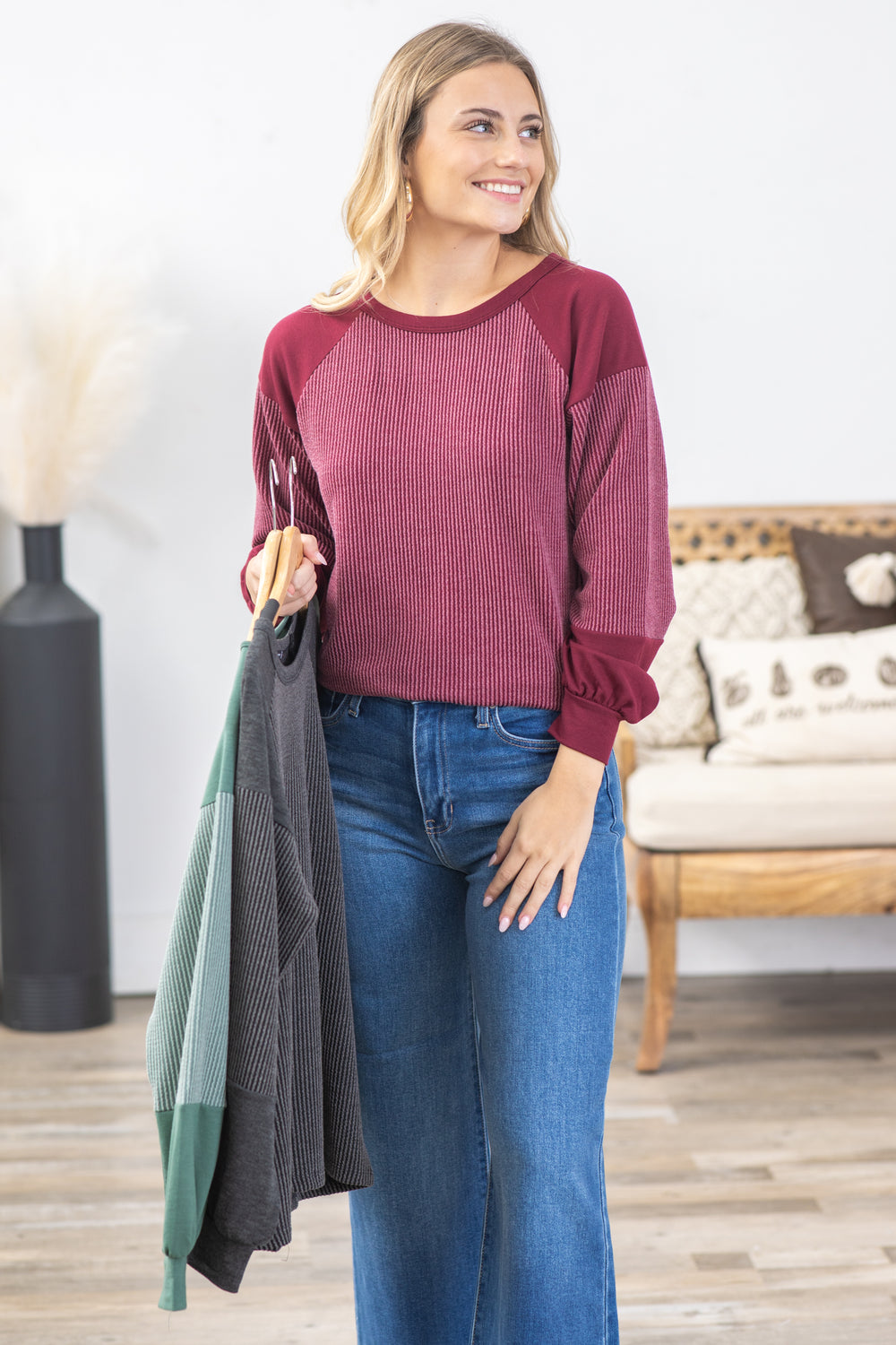 Color-Blocked Plaid Knit Top