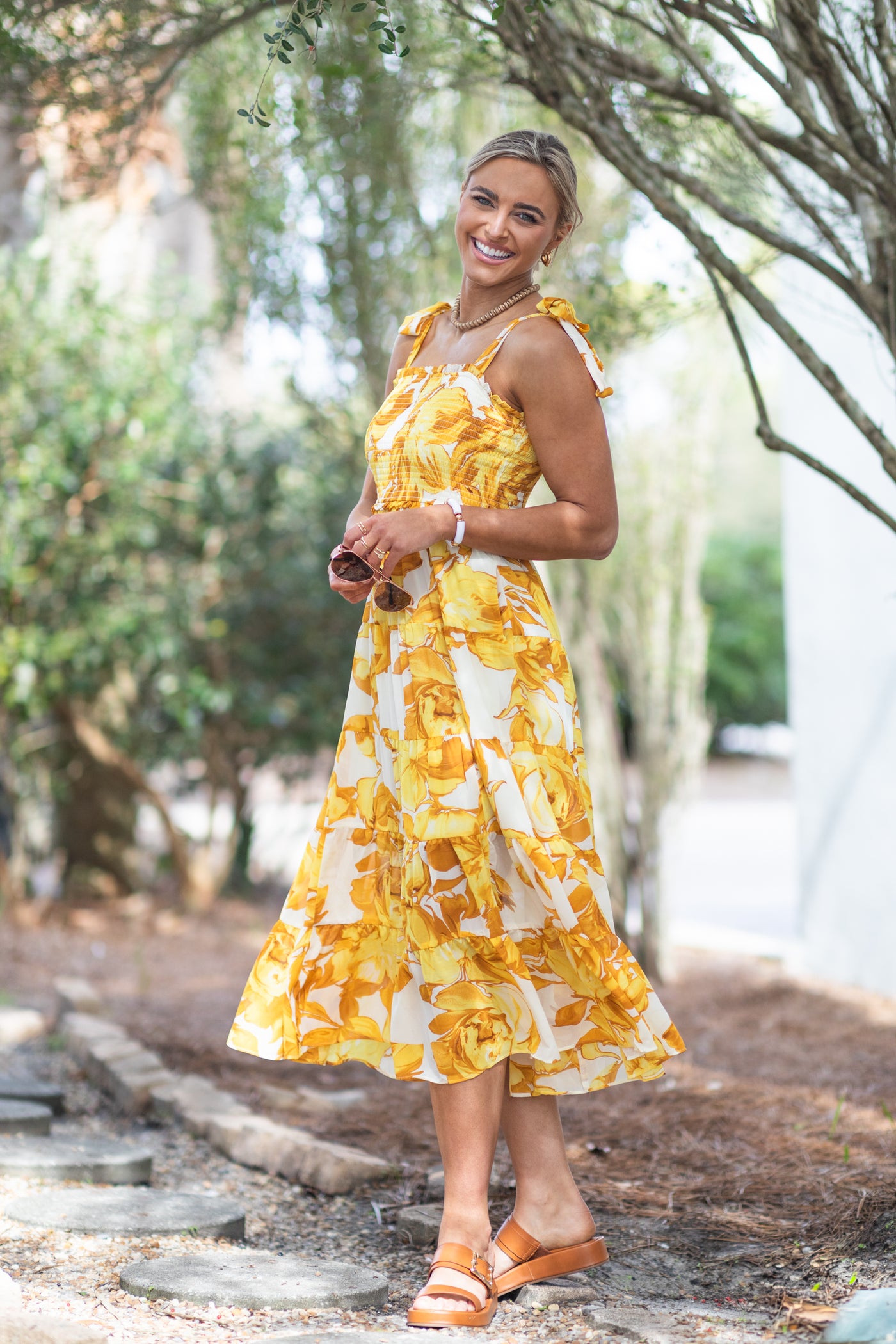 Yellow Floral Midi Dress With Tie Straps - S Yellow Floral Midi Dress With Tie Straps - S