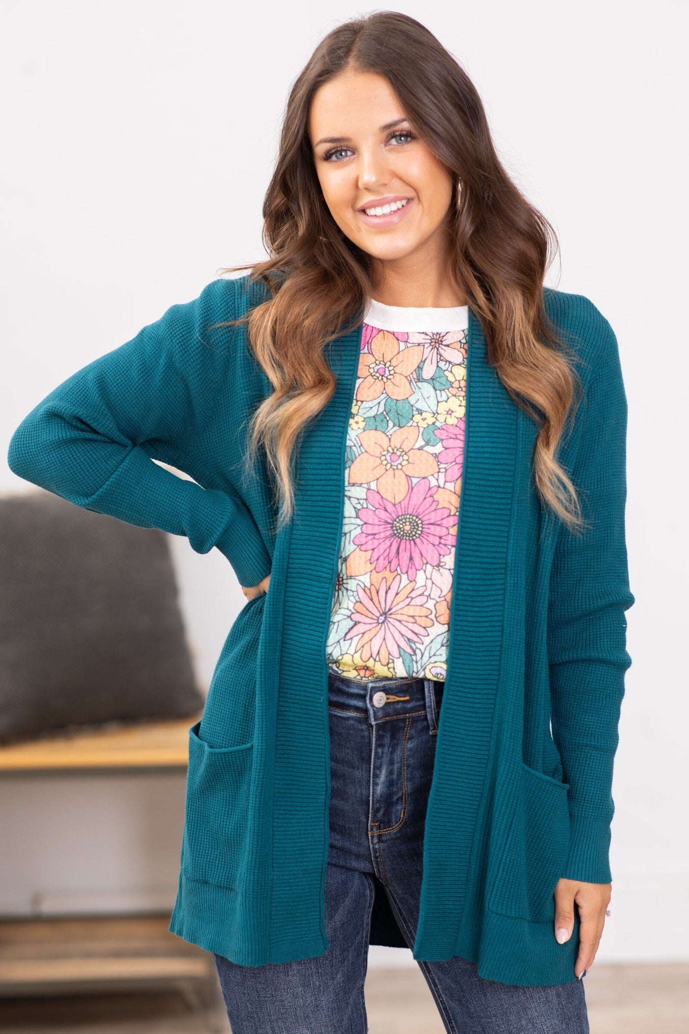 Teal Ribbed Trim Cardigan With Pockets - Filly Flair