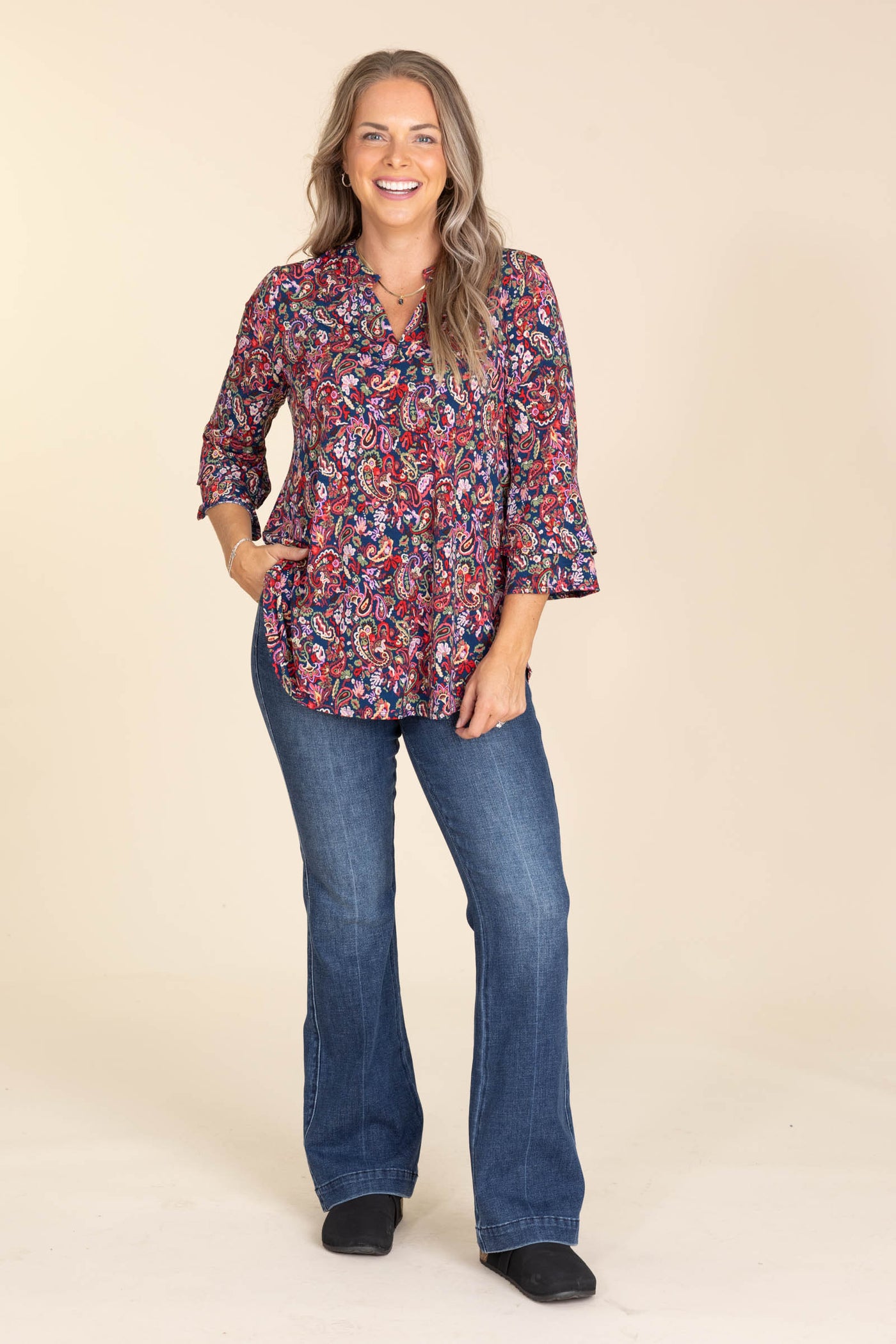 Navy And Berry Floral Lizzy Wrinkle Free Top