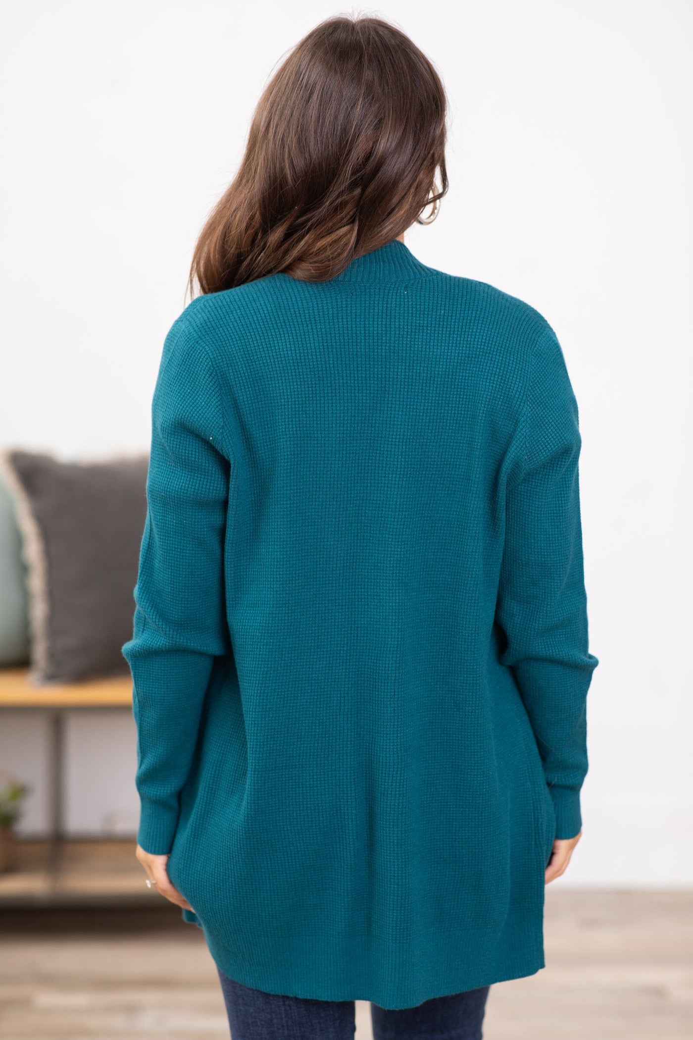 Teal Ribbed Trim Cardigan With Pockets - Filly Flair