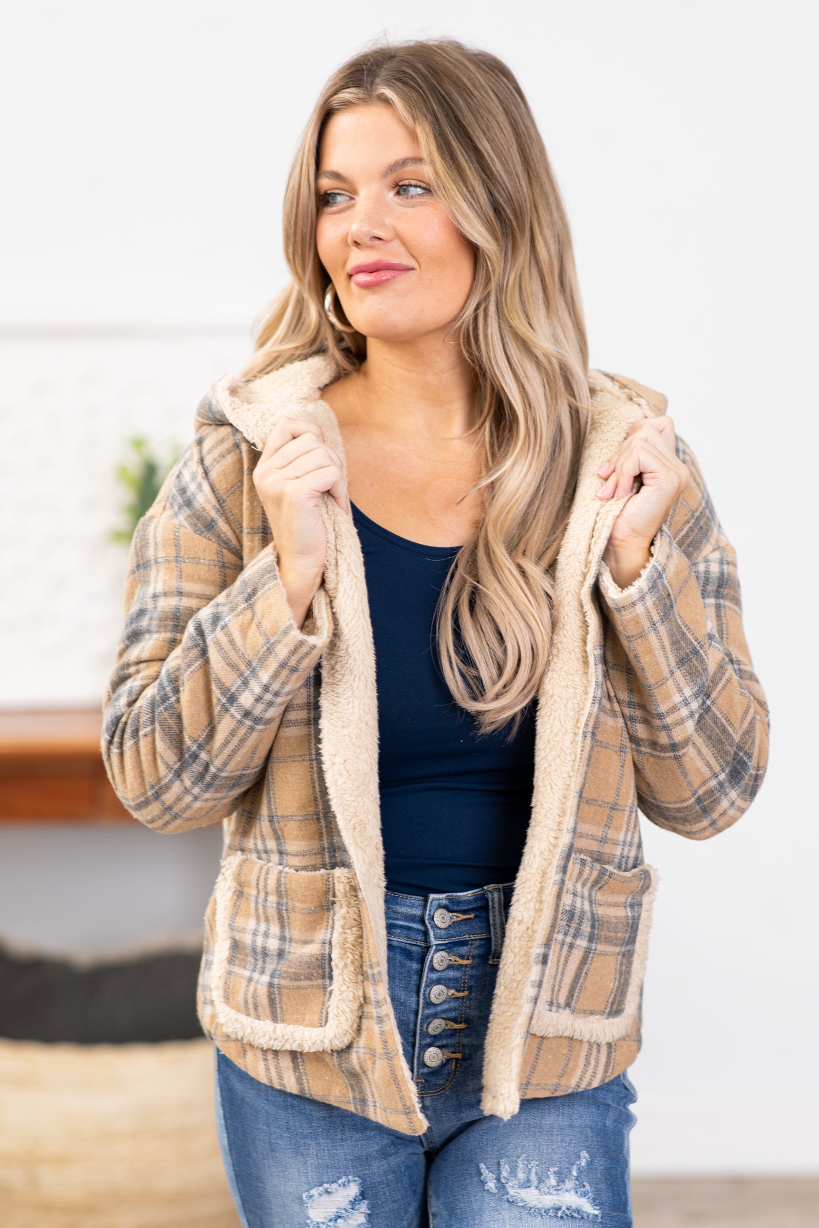 Tan and Steel Plaid Sherpa Lined Jacket