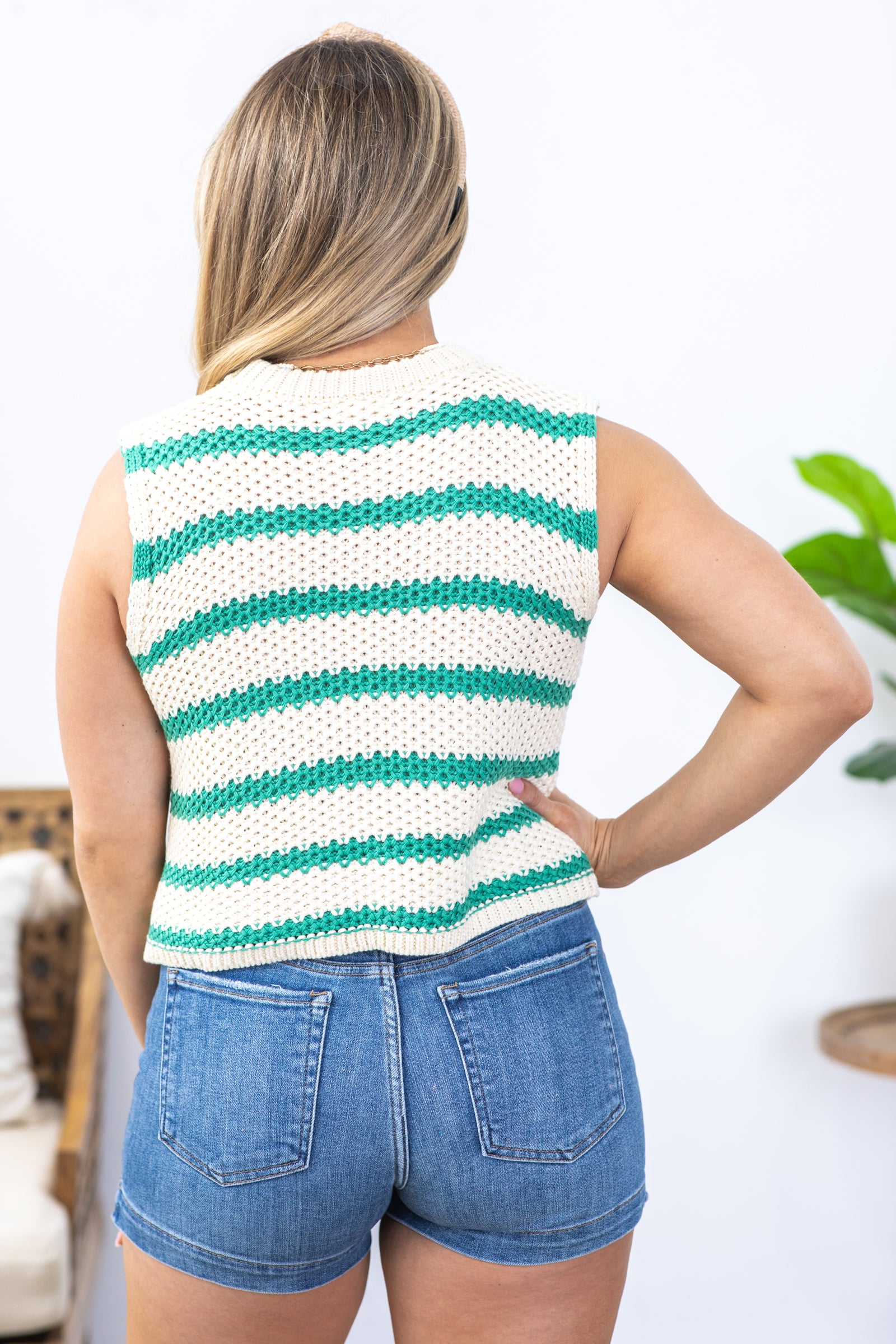 Dark Mint and Beige Stripe Sleeveless Sweater