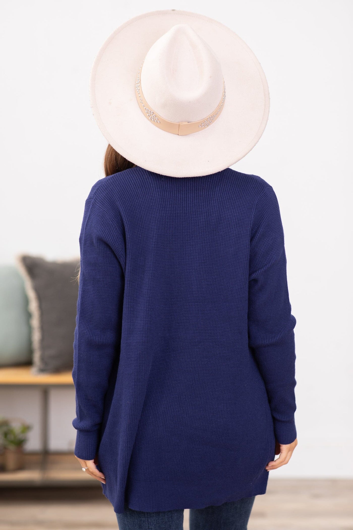 Navy Ribbed Trim Cardigan With Pockets - Filly Flair