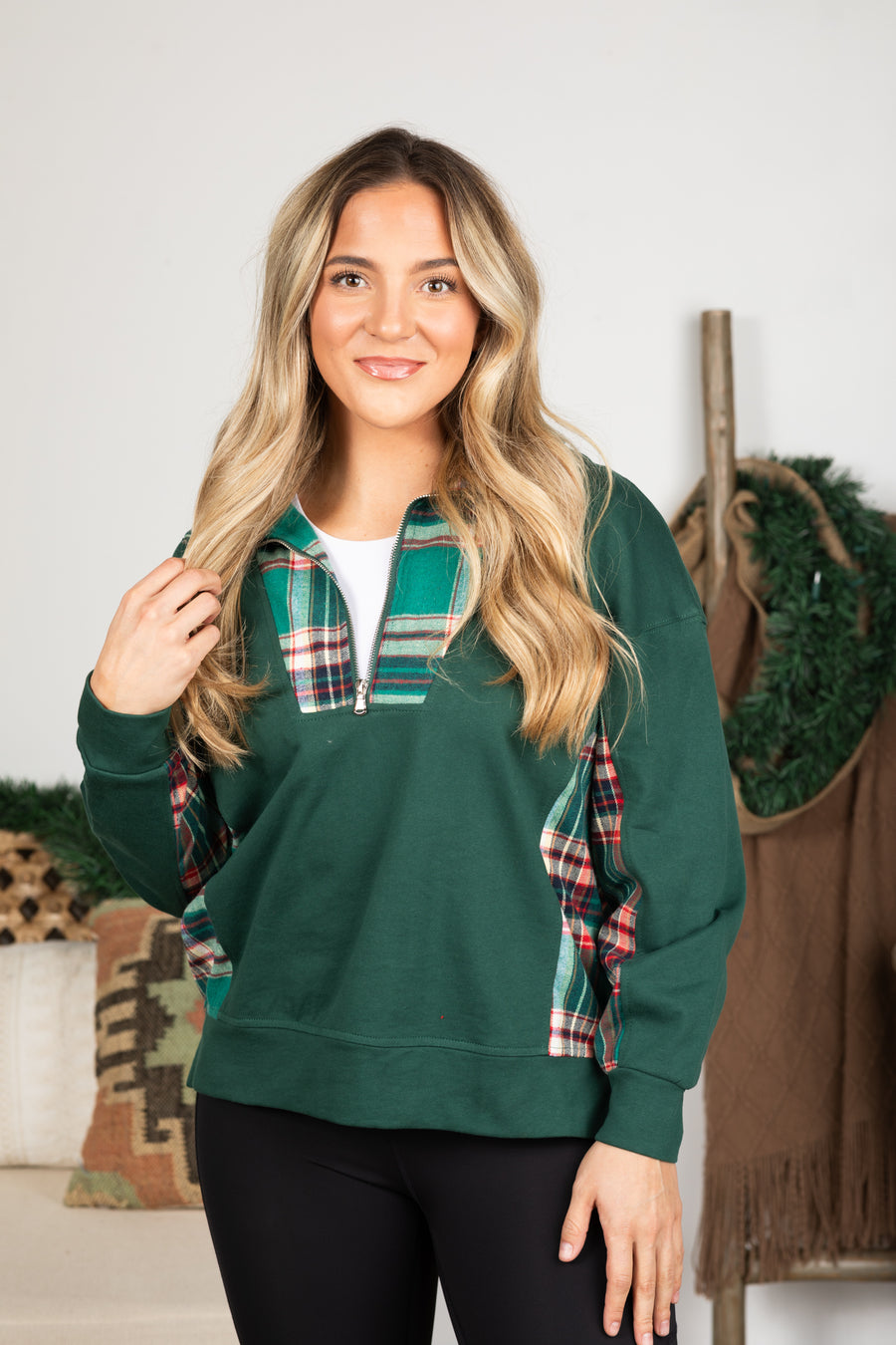 French Terry With Plaid Quarter Zip