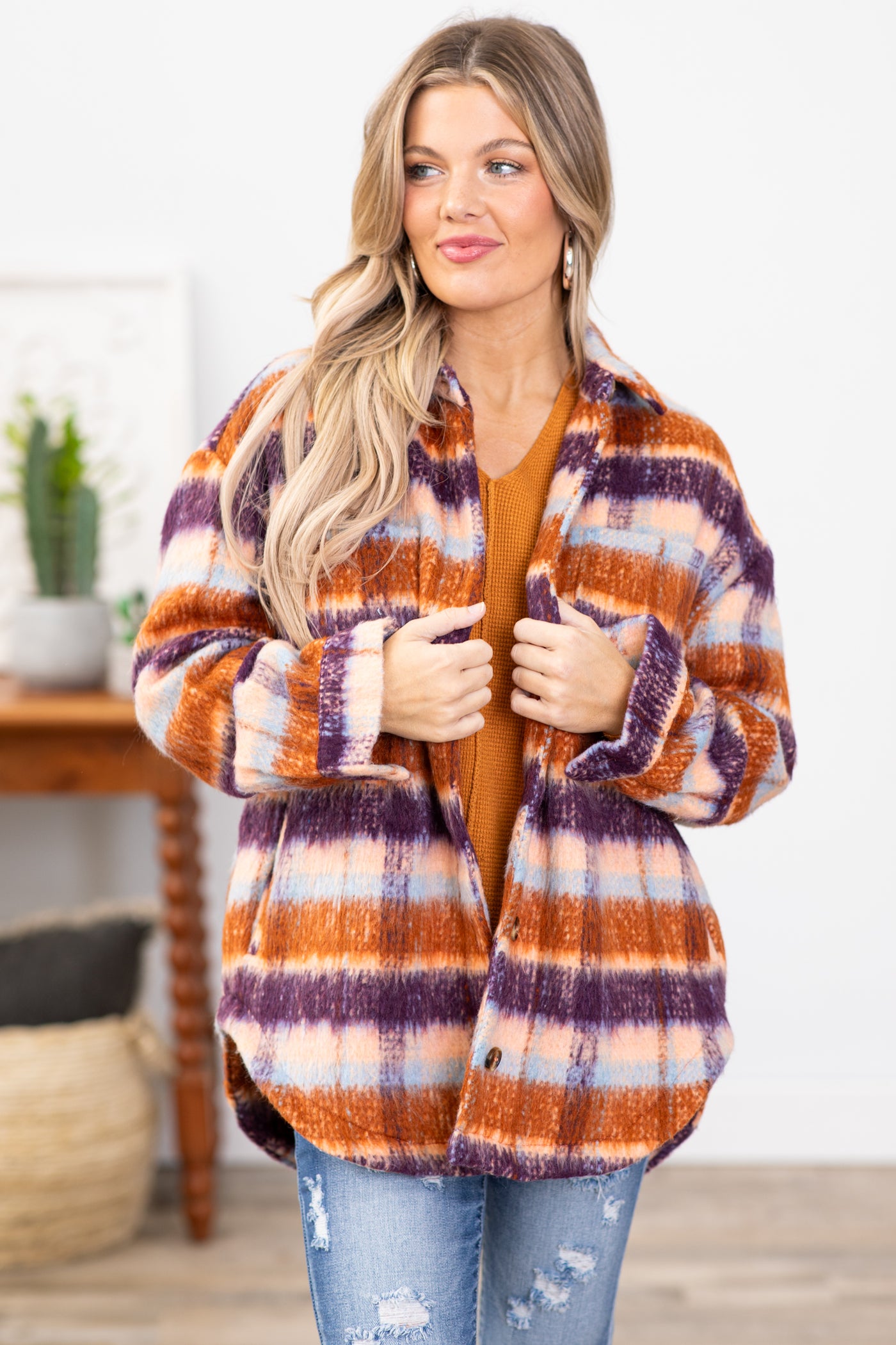 Purple and Orange Brushed Plaid Shacket · Filly Flair