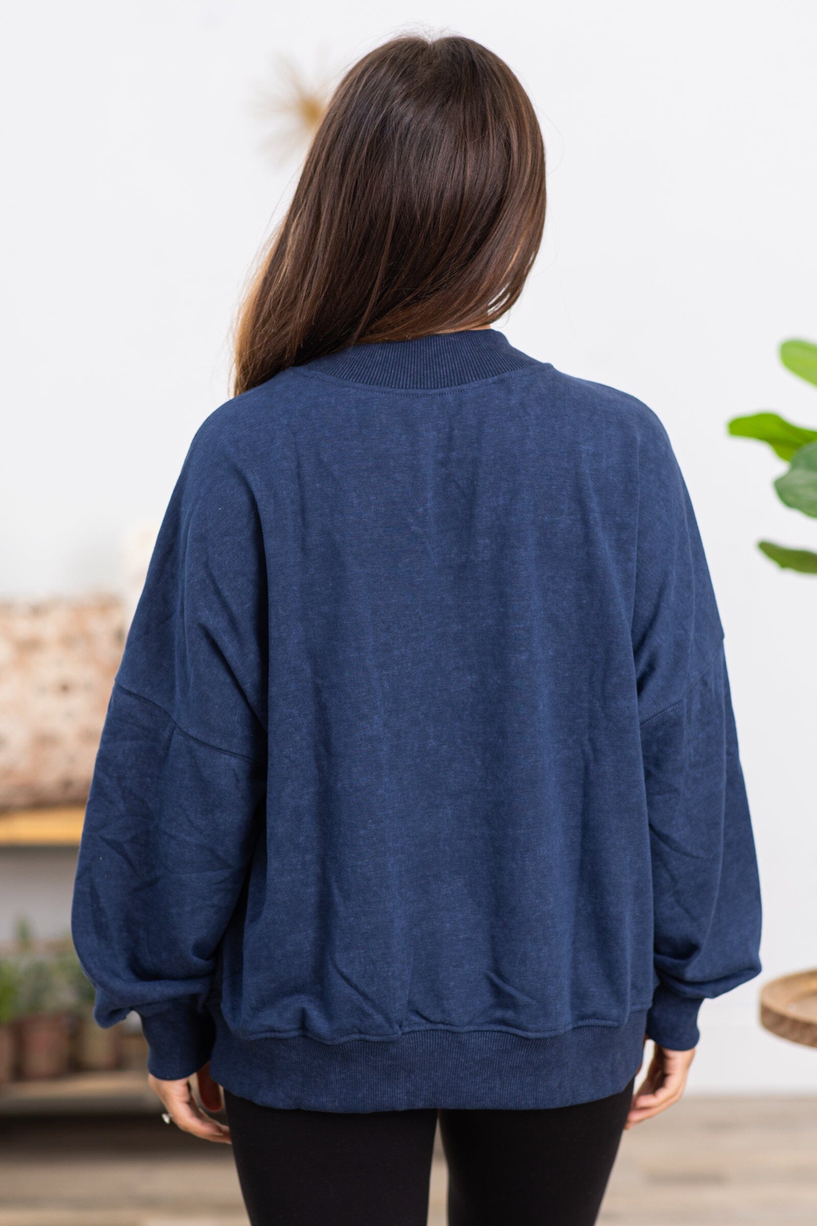 Slate Blue Drop Shoulder Rib Trim Sweatshirt - Filly Flair