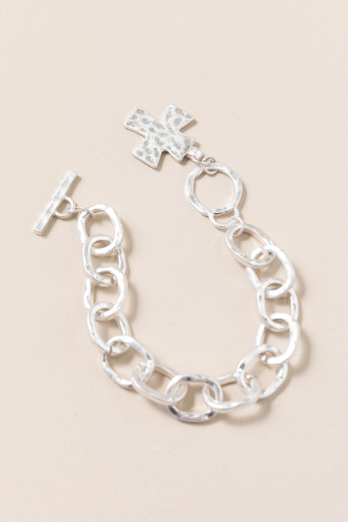 Cross Charm & Toggle Clasp Hammered Metal Chain Bracelet
