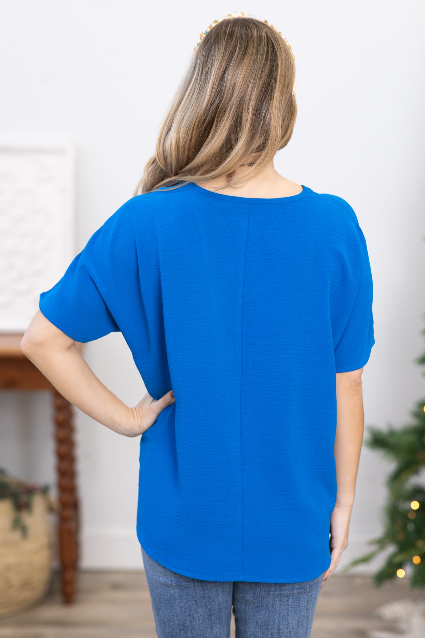 Bright Blue V-Neck Airflow Woven Top
