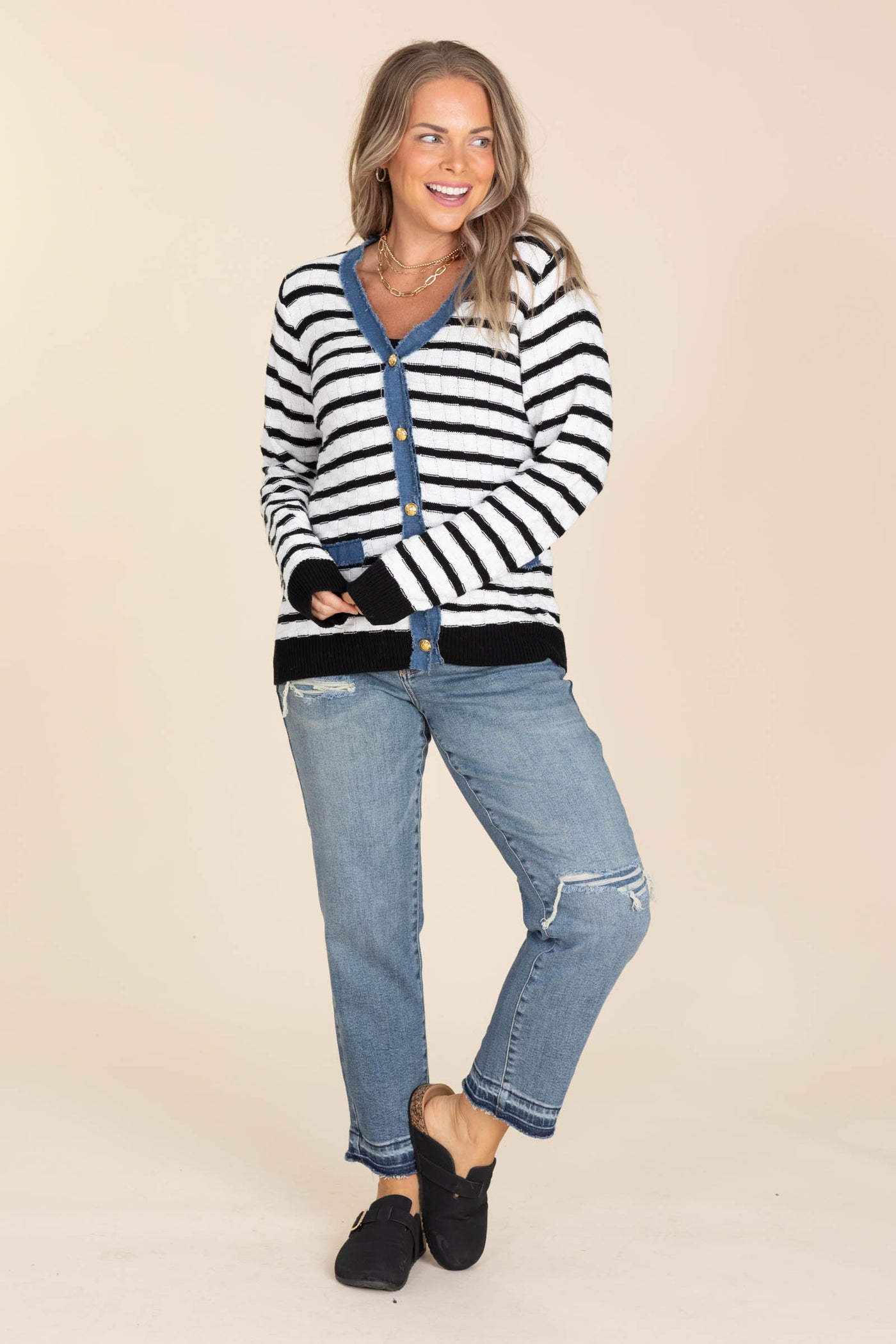 Ivory And Black V-Neck Stripe Denim Cardigan