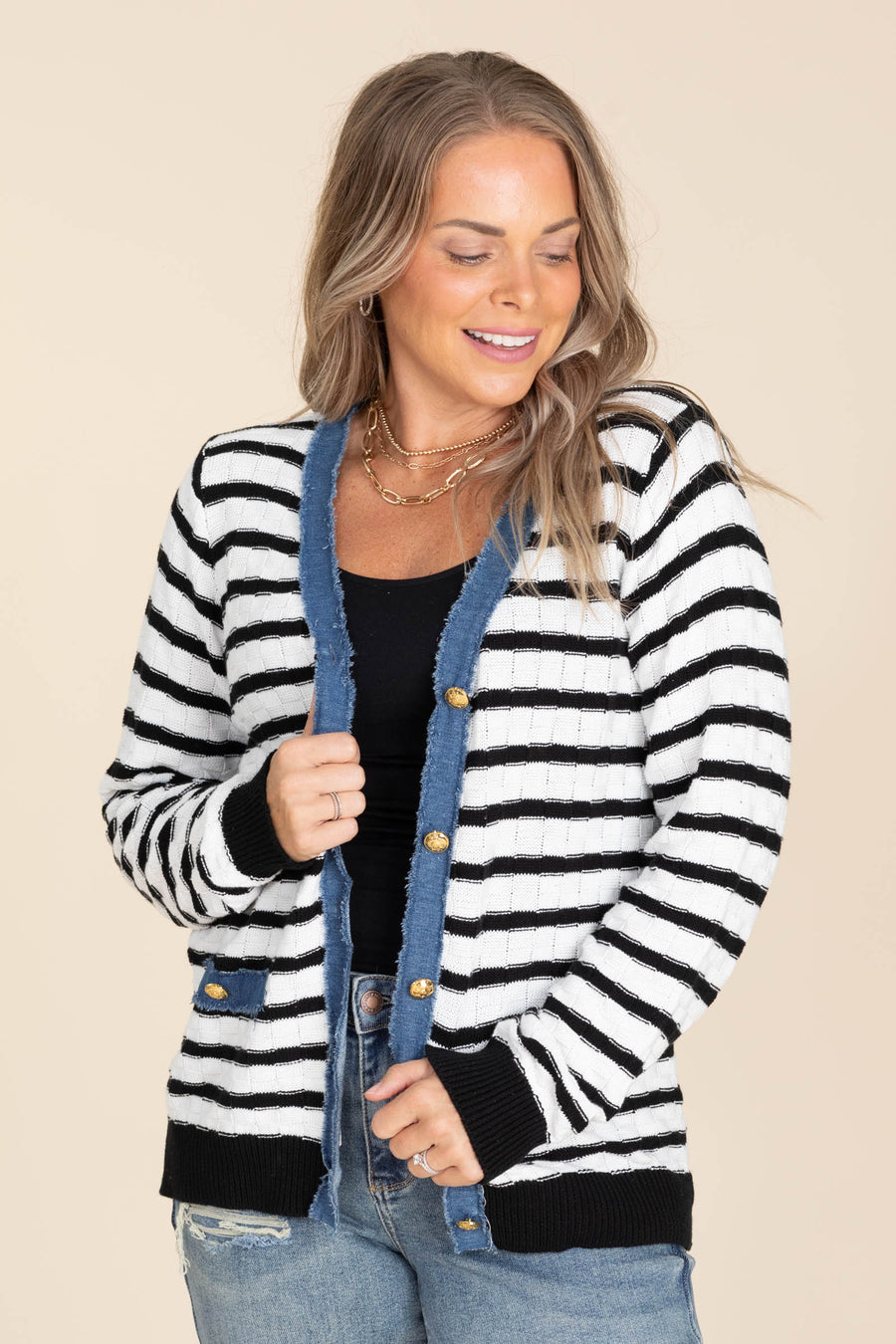 Ivory And Black V-Neck Stripe Denim Cardigan