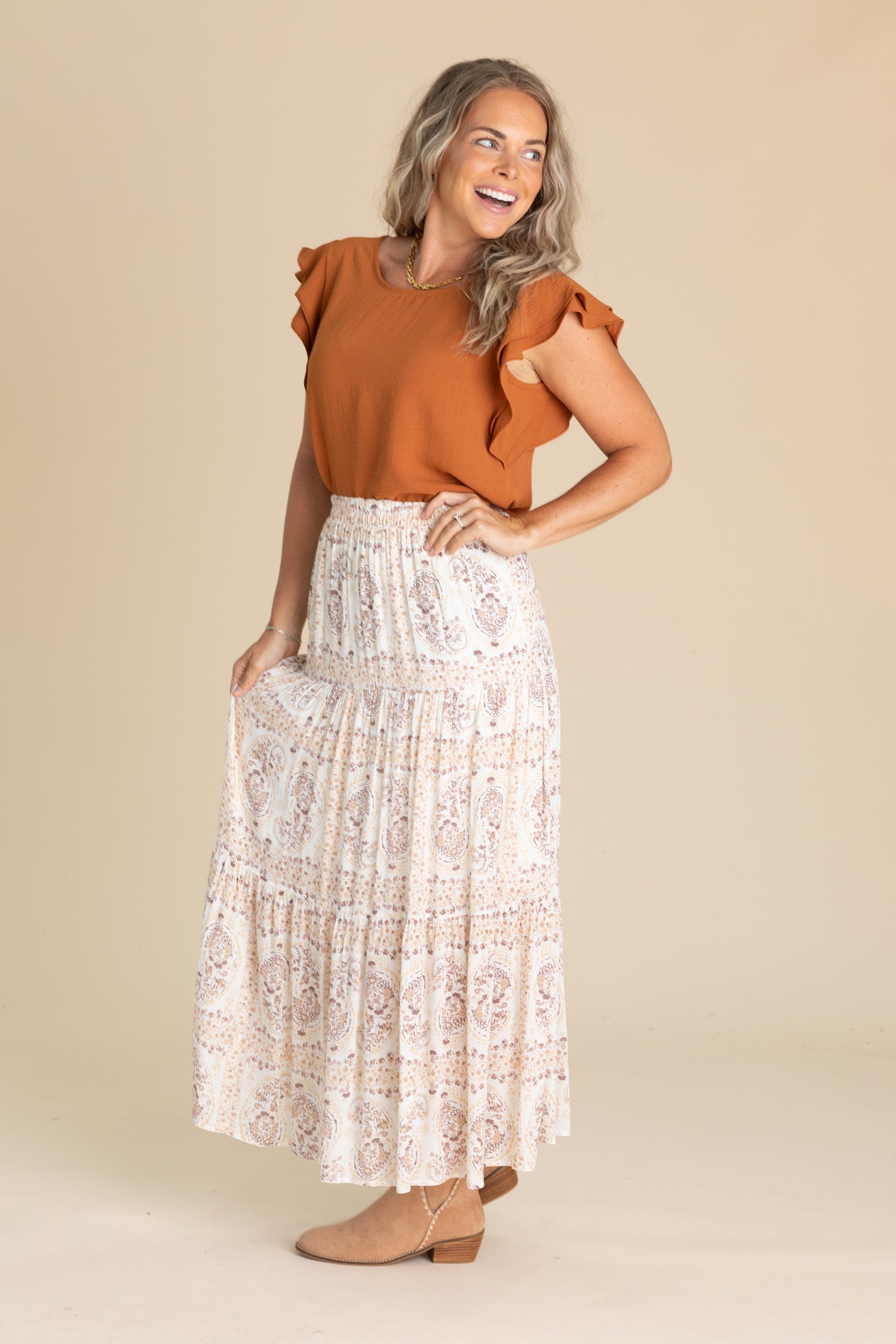 Mauve Printed Tiered Layered Maxi Skirt