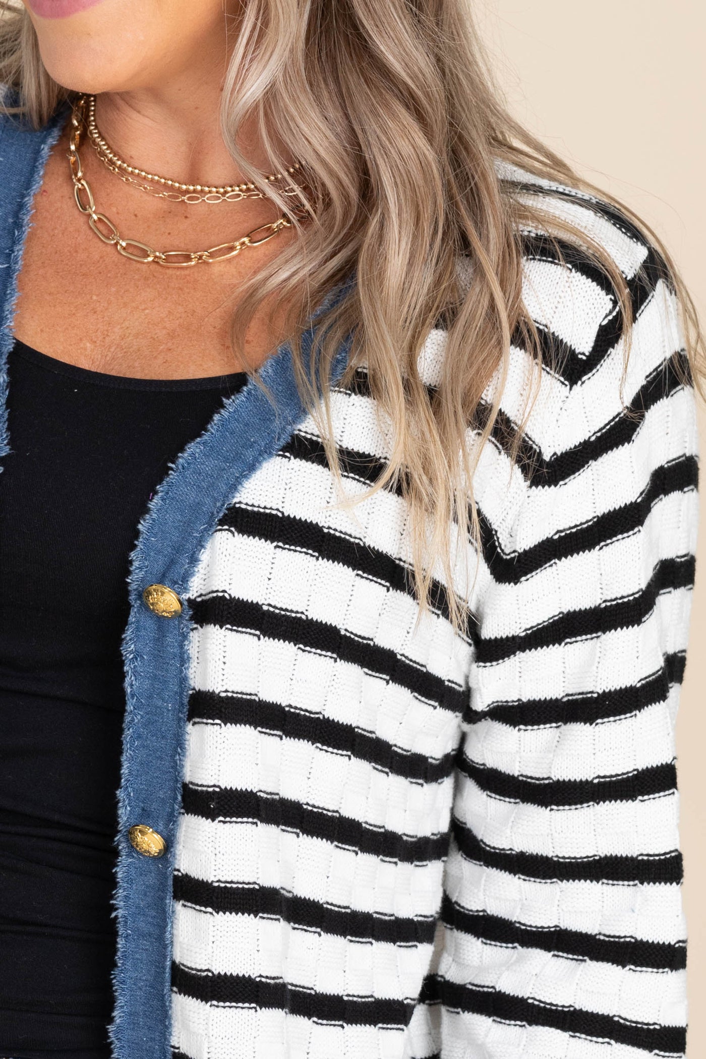 Ivory And Black V-Neck Stripe Denim Cardigan