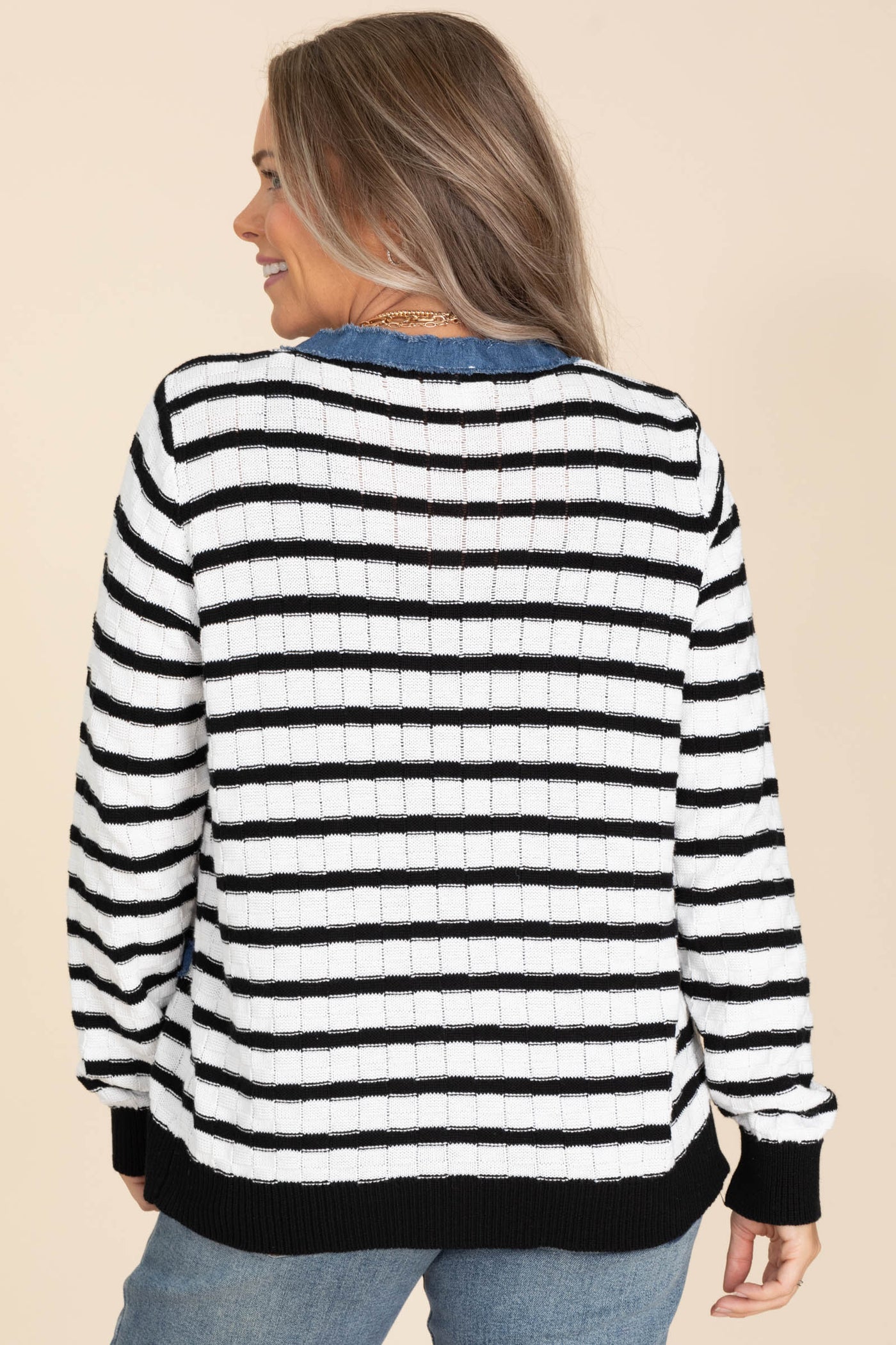 Ivory And Black V-Neck Stripe Denim Cardigan