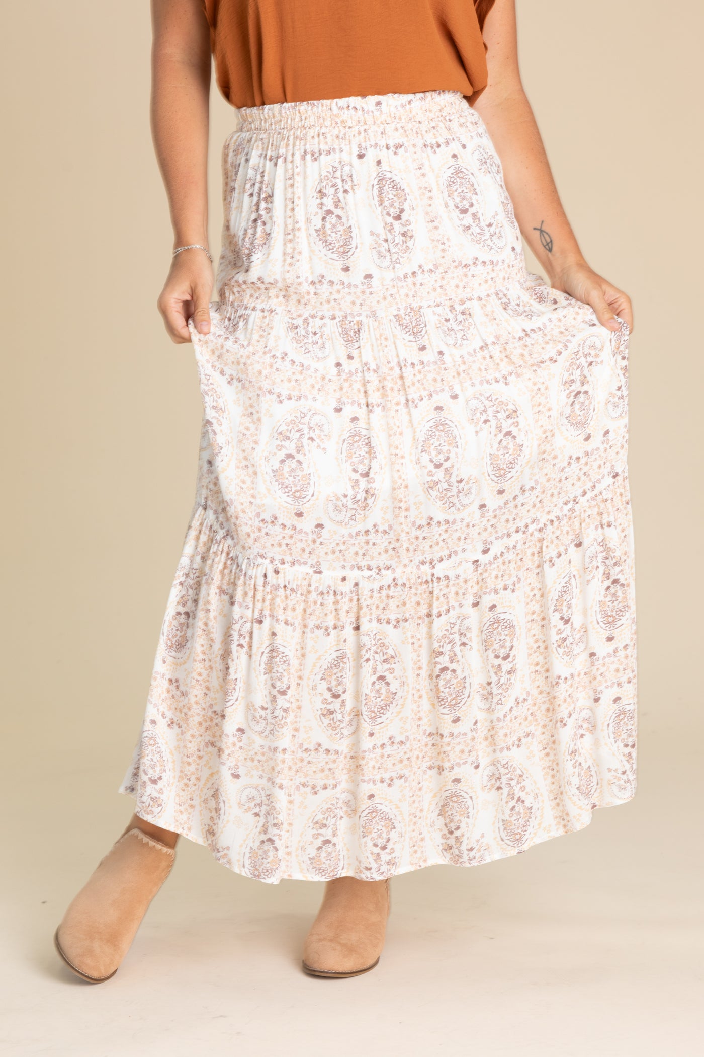 Mauve Printed Tiered Layered Maxi Skirt