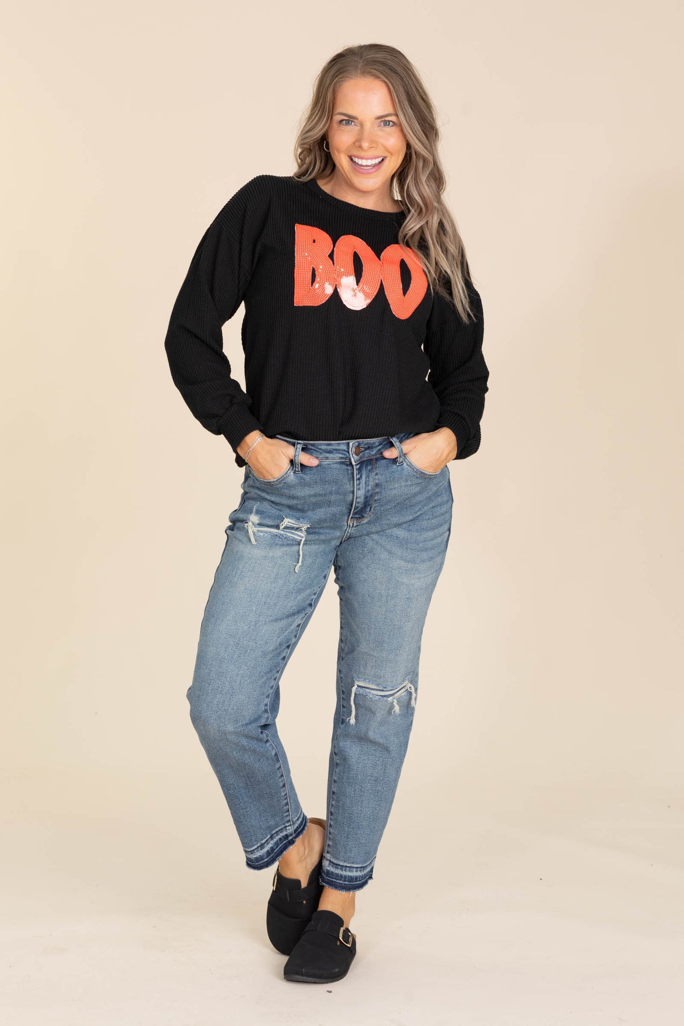 Black With Orange Boo Sequin Knit Top