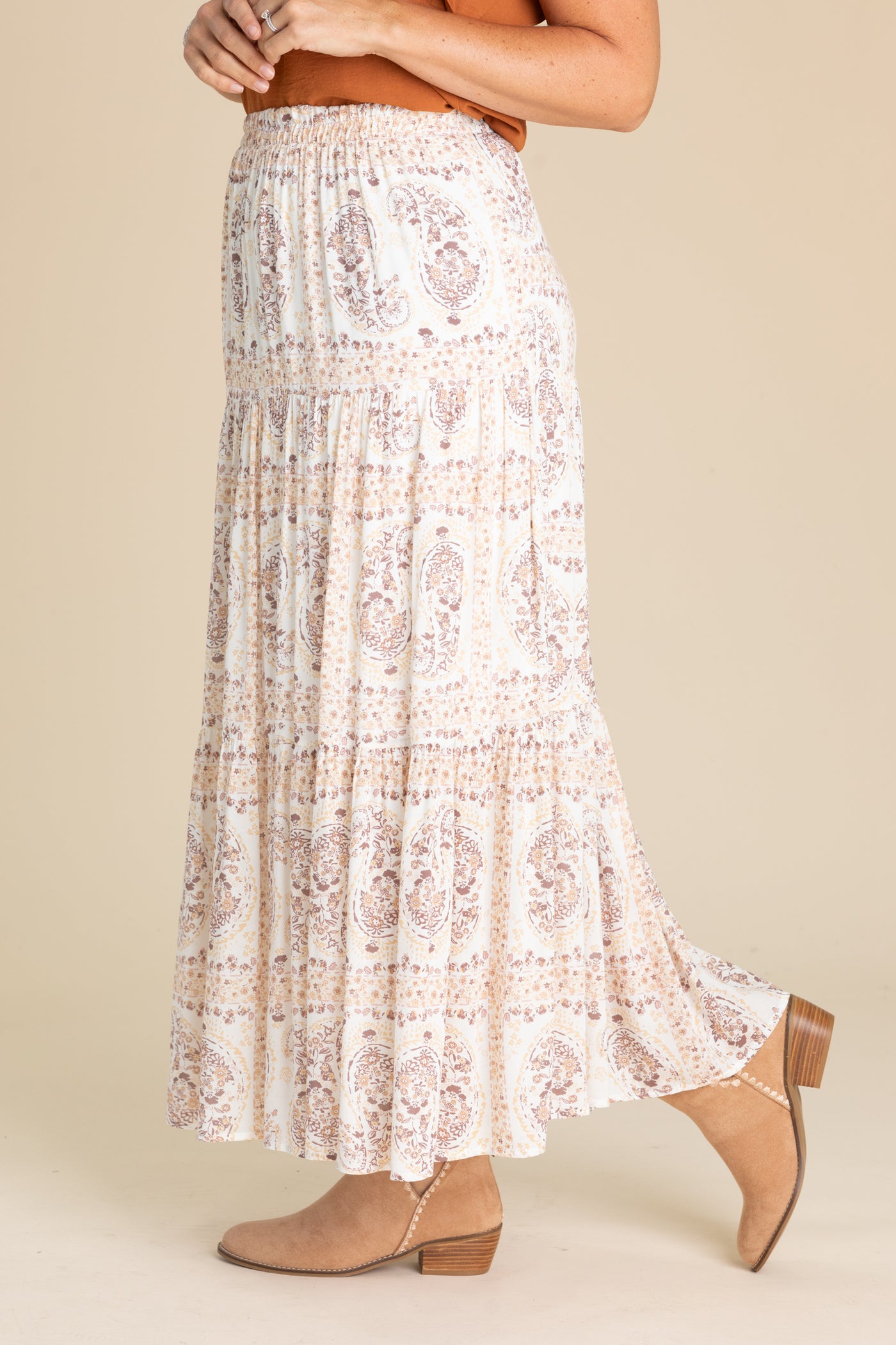 Mauve Printed Tiered Layered Maxi Skirt