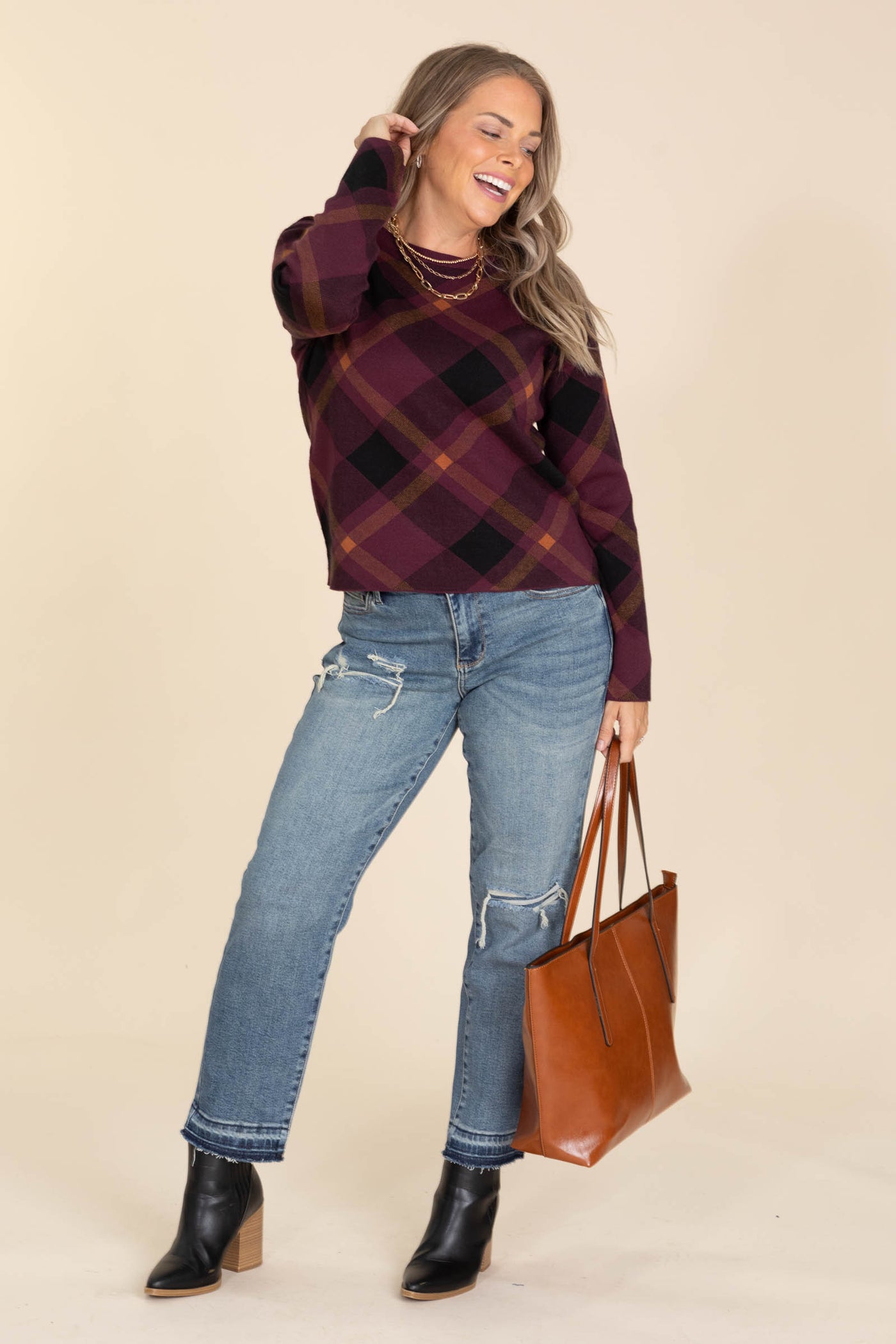 Plaid Crewneck Pullover Sweaters