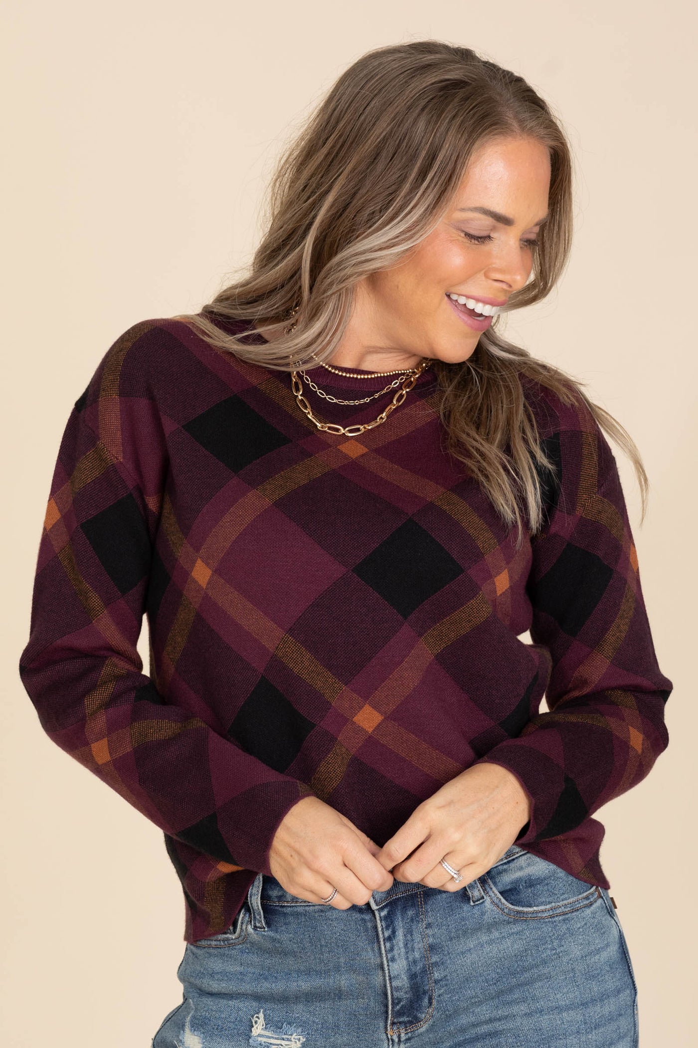 Plaid Crewneck Pullover Sweaters