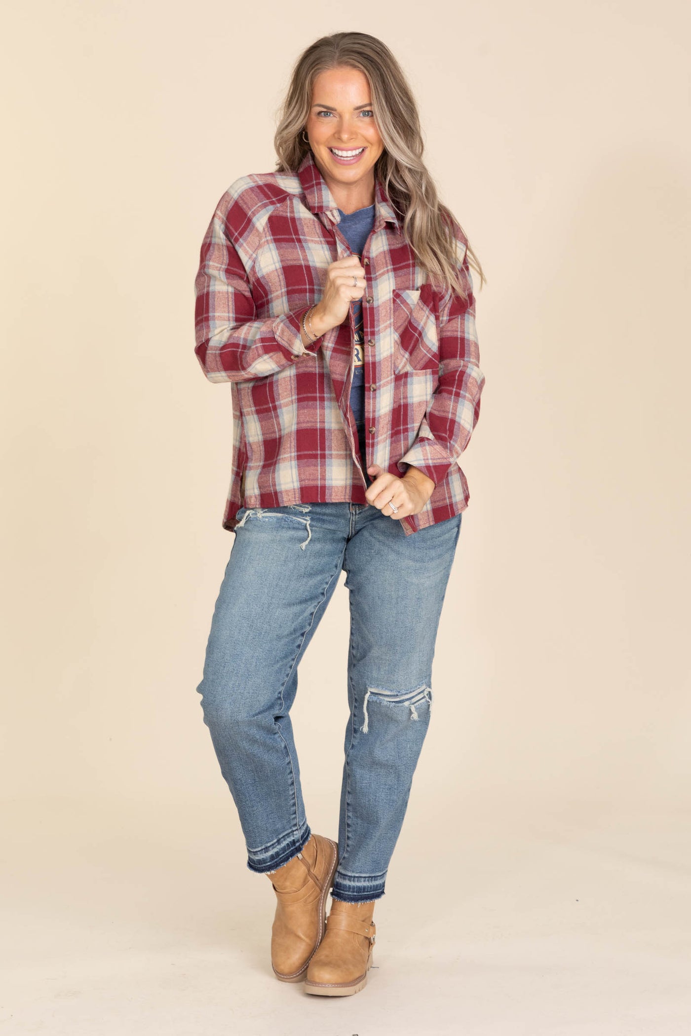 Burgundy Plaid Button Up Woven Top