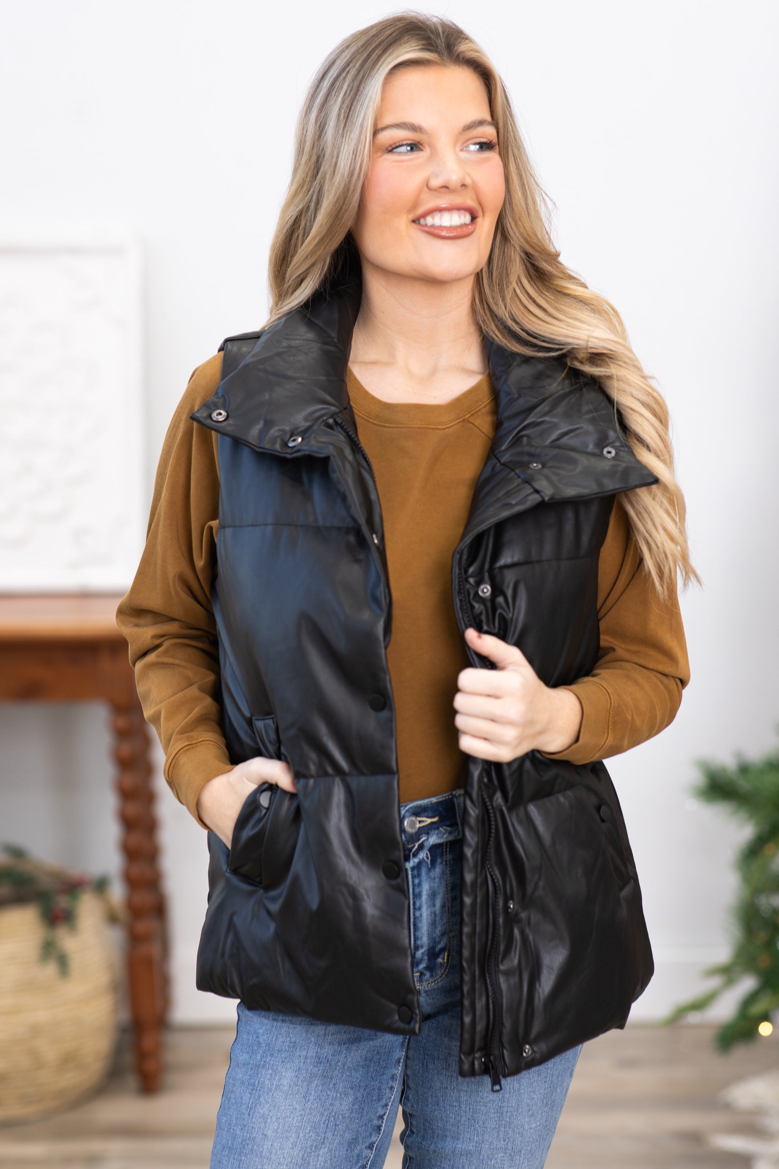 Blue Black Faux Leather Plaid Vest 18134