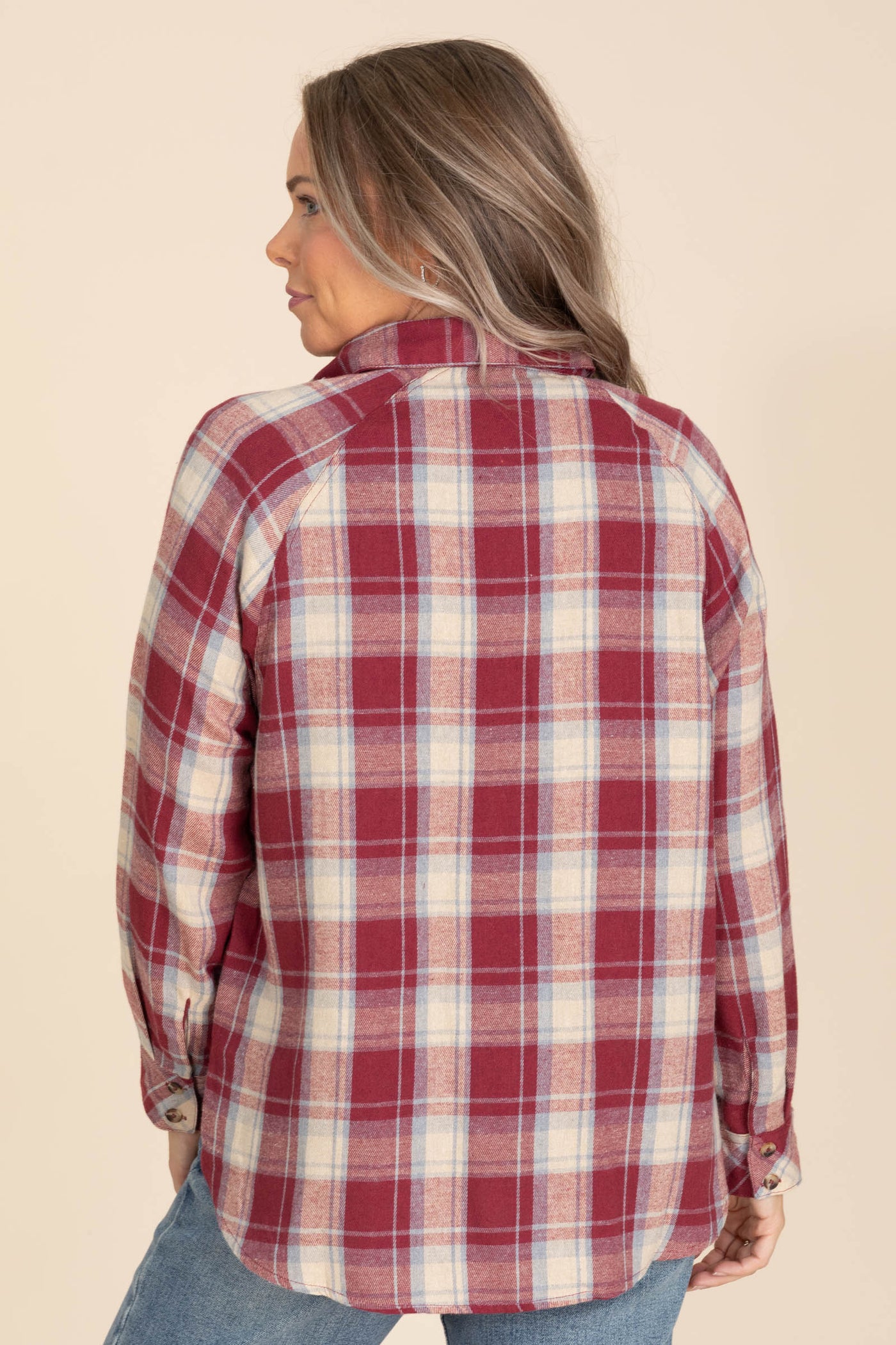 Burgundy Plaid Button Up Woven Top