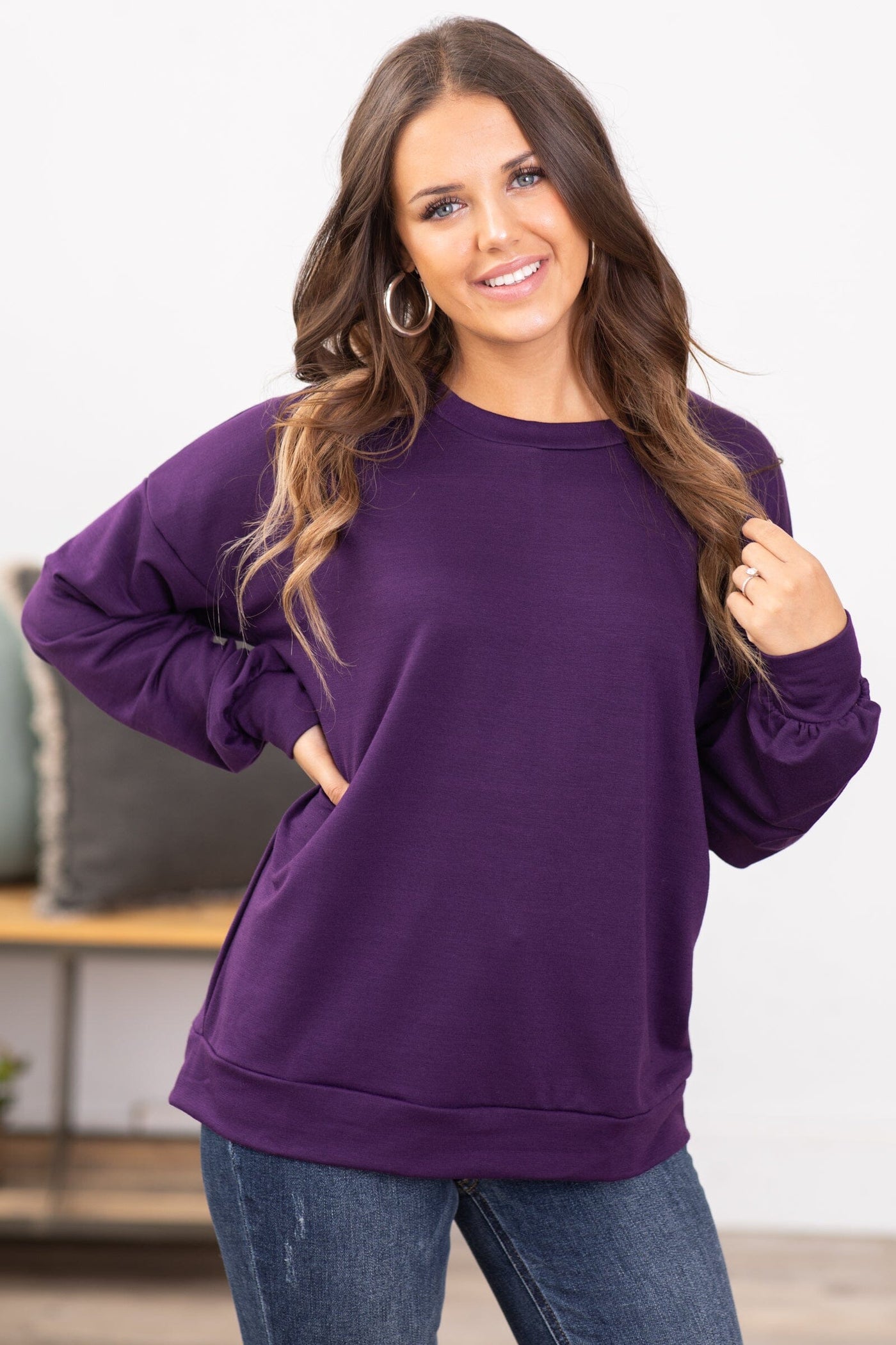 Eggplant Crew Neck Long Sleeve Top - Filly Flair