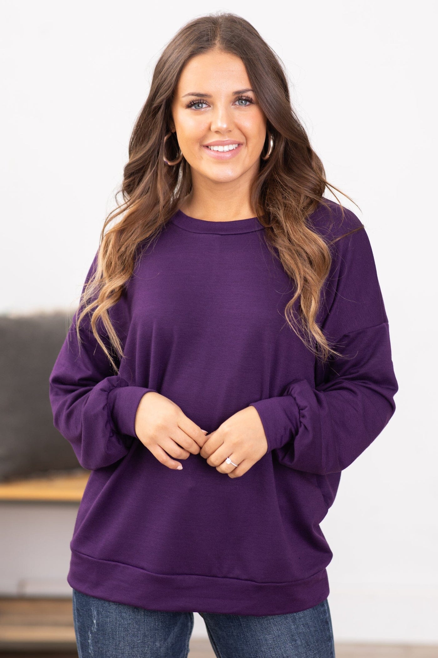 Eggplant Crew Neck Long Sleeve Top - Filly Flair